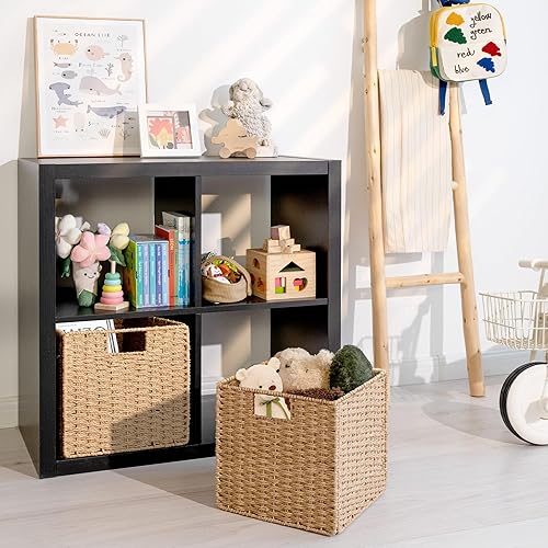 Miniatura 6 de StorageWorks Cestas de mimbre de 11 pulgadas, cubos de almacenamiento tejidos a mano con asas, cesta plegable de cuerda de papel para organizar,