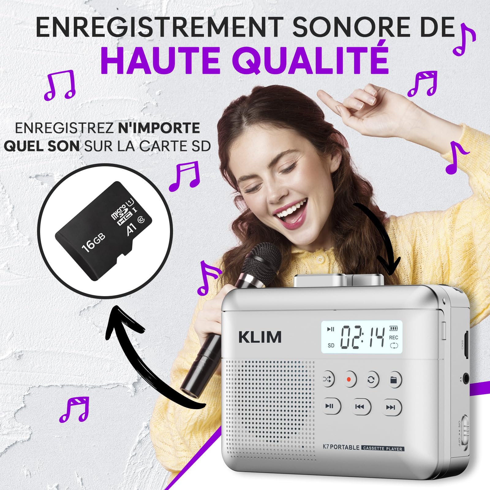 Cassette Player KLIM K7 - Lecteur Cassette Audio - Convertisseur Audio en MP3 - Microphone et Haut-Parleur intégrés - Batterie Rechargeable - Ecouteurs - Carte SD 16GB - Argent