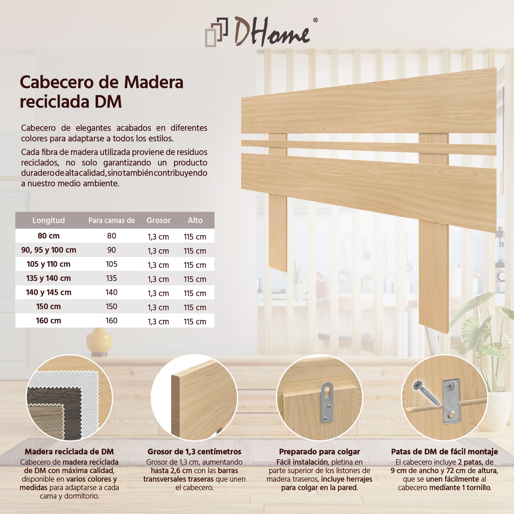 DHOME Cabecero de Madera reciclada DM Horizontal Ancho con Patas Cama Palets Herrajes incluidos (90x115 Horizontal Ancho, Madera Natural)