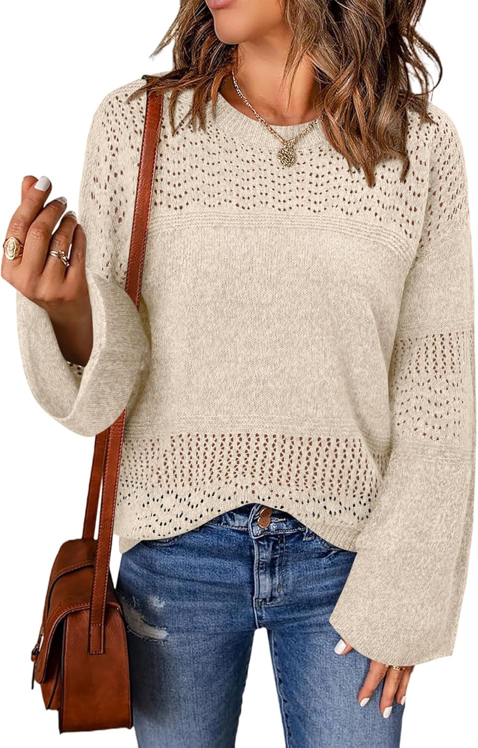 onlypuff Pullover Sweaters for Women Lightweight Fall Fashion Tops Pullover Trendy Crochet Pointelle Sweater