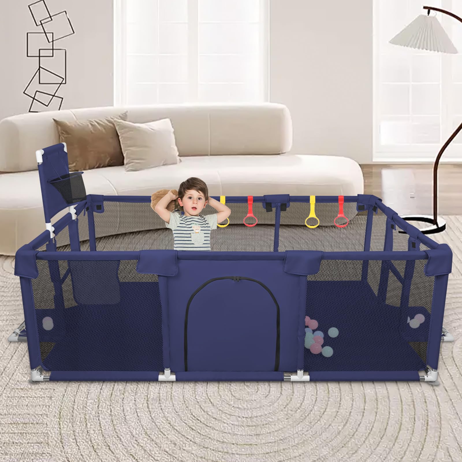 Parc Bébé, 180x120 cm Parc Enfant en tissu oxford, Playpen Baby avec Maille Respirante, Centre d'activités pour Enfants (180 x 120 cm / 50 petites boules + 4 anneaux de traction)