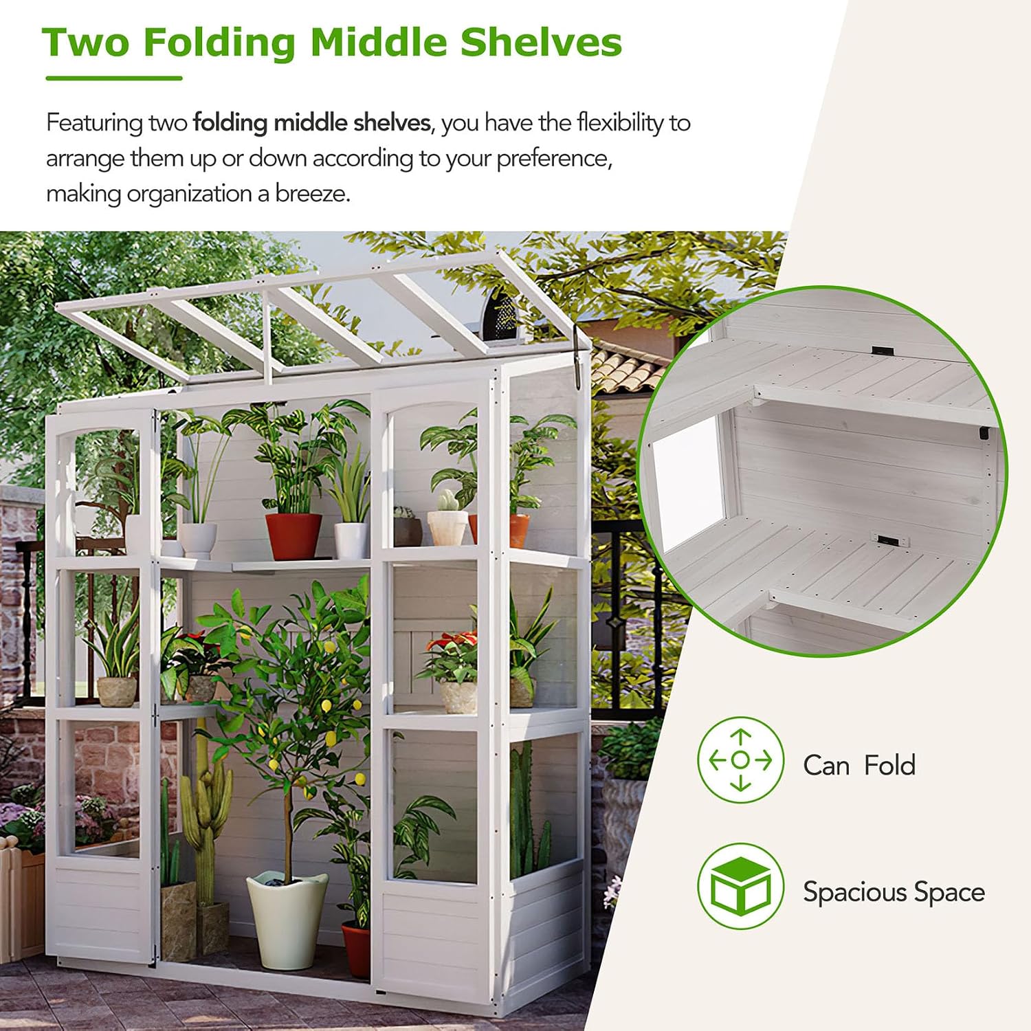 Wooden Cold Frame Greenhouse, Wooden Greenhouse Polycarbonate Garden Shed, 4 Partitions Open Roof, 2 Folding Middle Shelves, Plants Protection Hot House for Outdoor Indoor