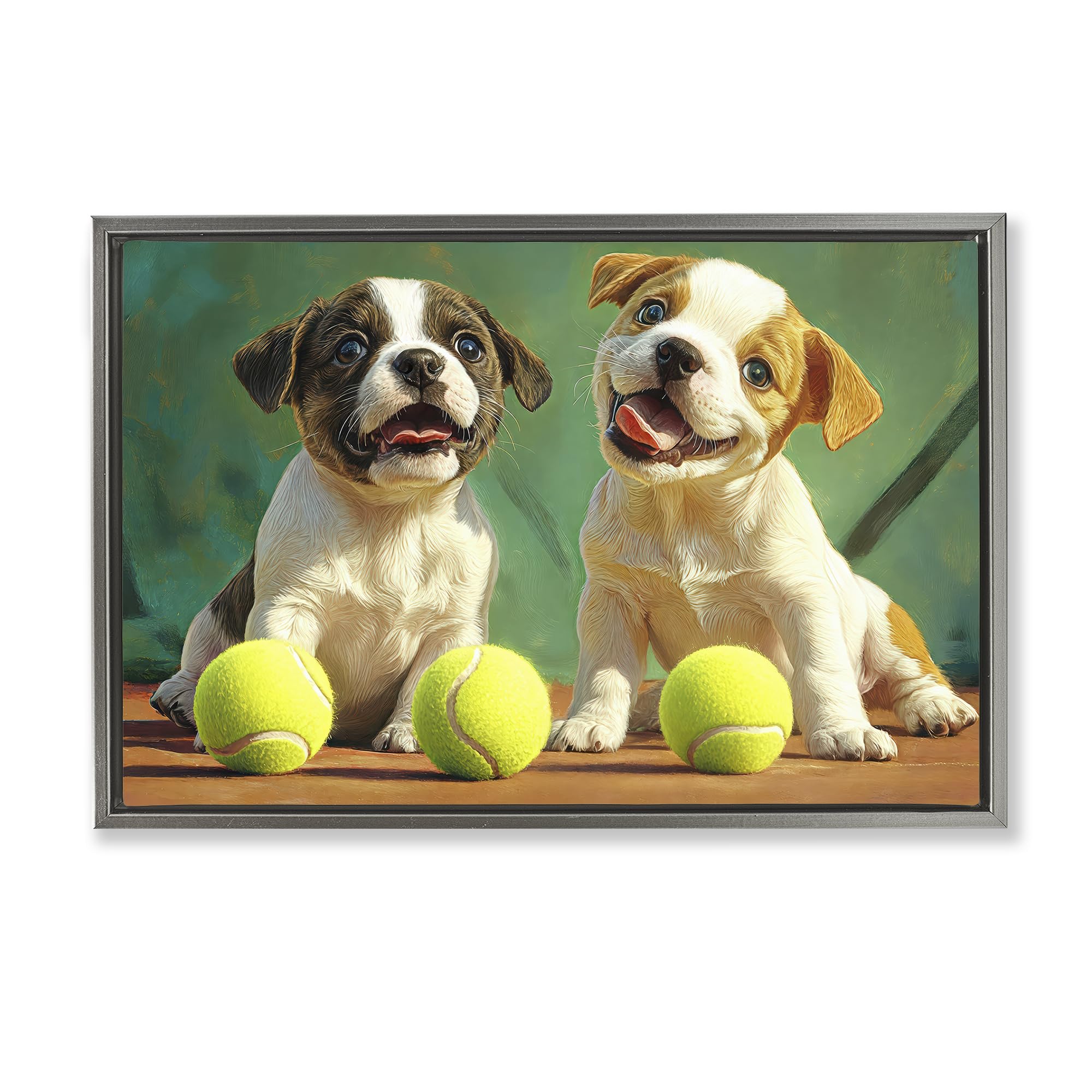'Adorable Puppies with Tennis Balls'| Floating Frame Canvas Art