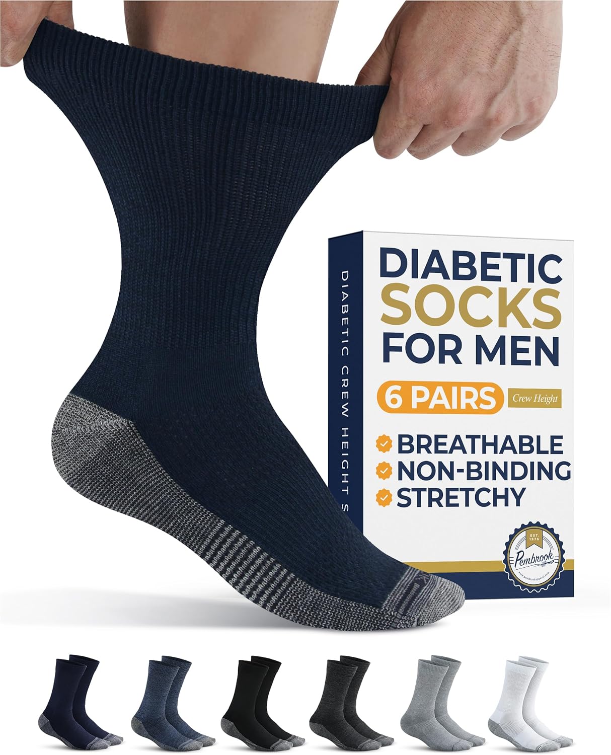Pembrook Diabetic Socks for Men - 6 Pairs Crew Diabetic Neuropathy Socks for Men | Non Binding Black/White/Gray/Dark Gray/Navy/Blue - 6 Pairs Medium