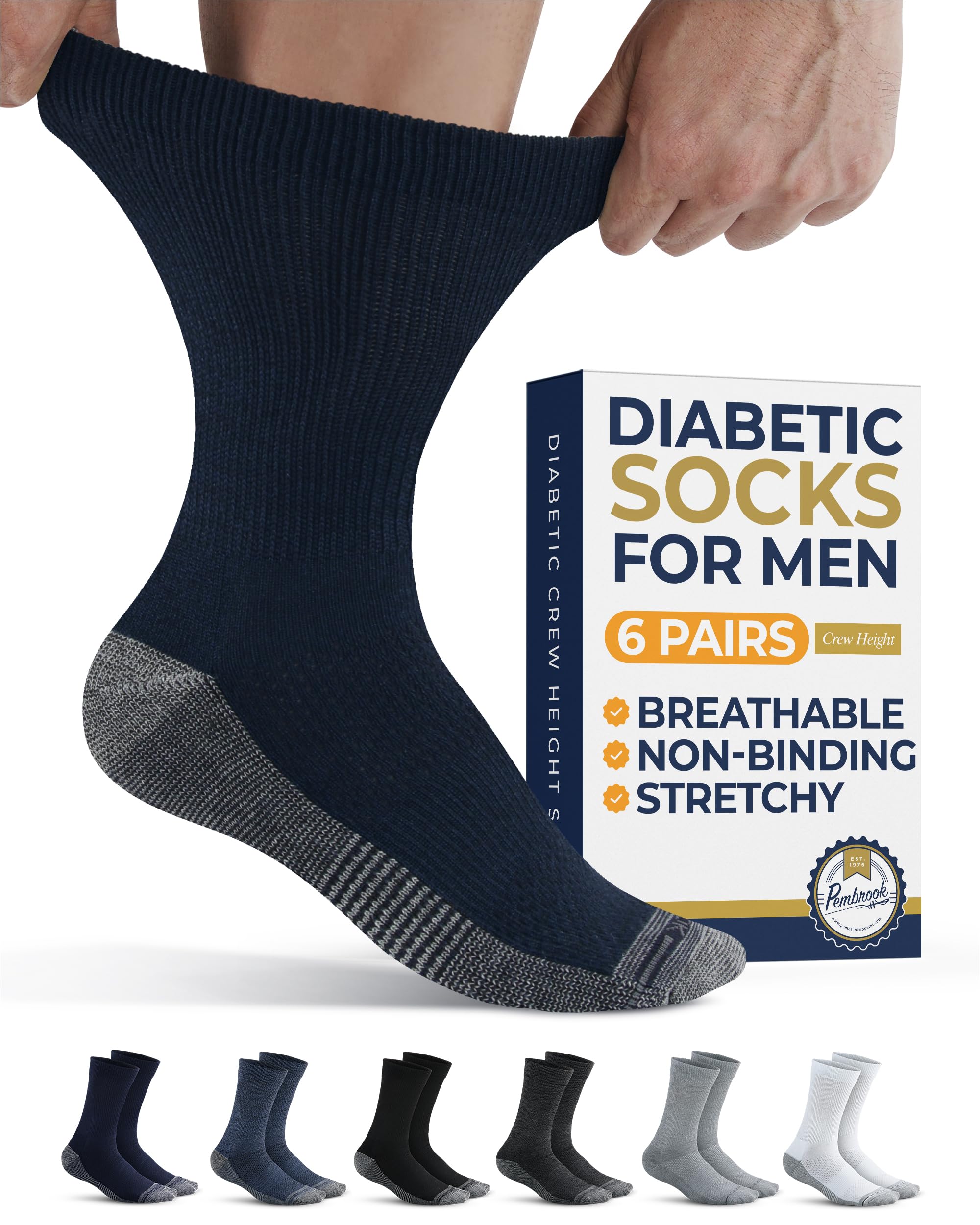 Pembrook Diabetic Socks for Men - 6 Pairs Crew Diabetic Neuropathy Socks for Men | Non Binding