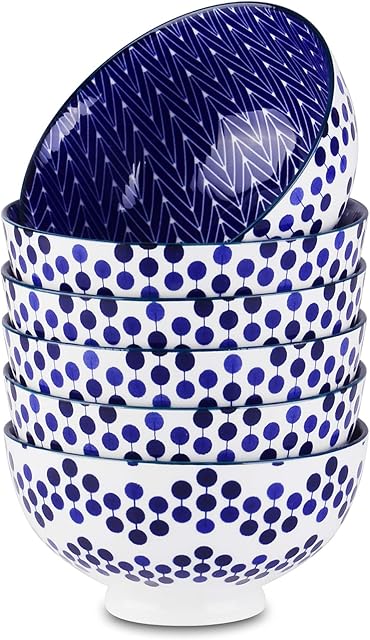 vancasso zestaw 6 misek do płatków lub sałatki, czarno-biała porcelana, żywe kolory i wzory, 12,5 cm, miska do makaronu, lodów, przekąsek, owoców, puddingu, deseru, układa się w stos, nie blaknie