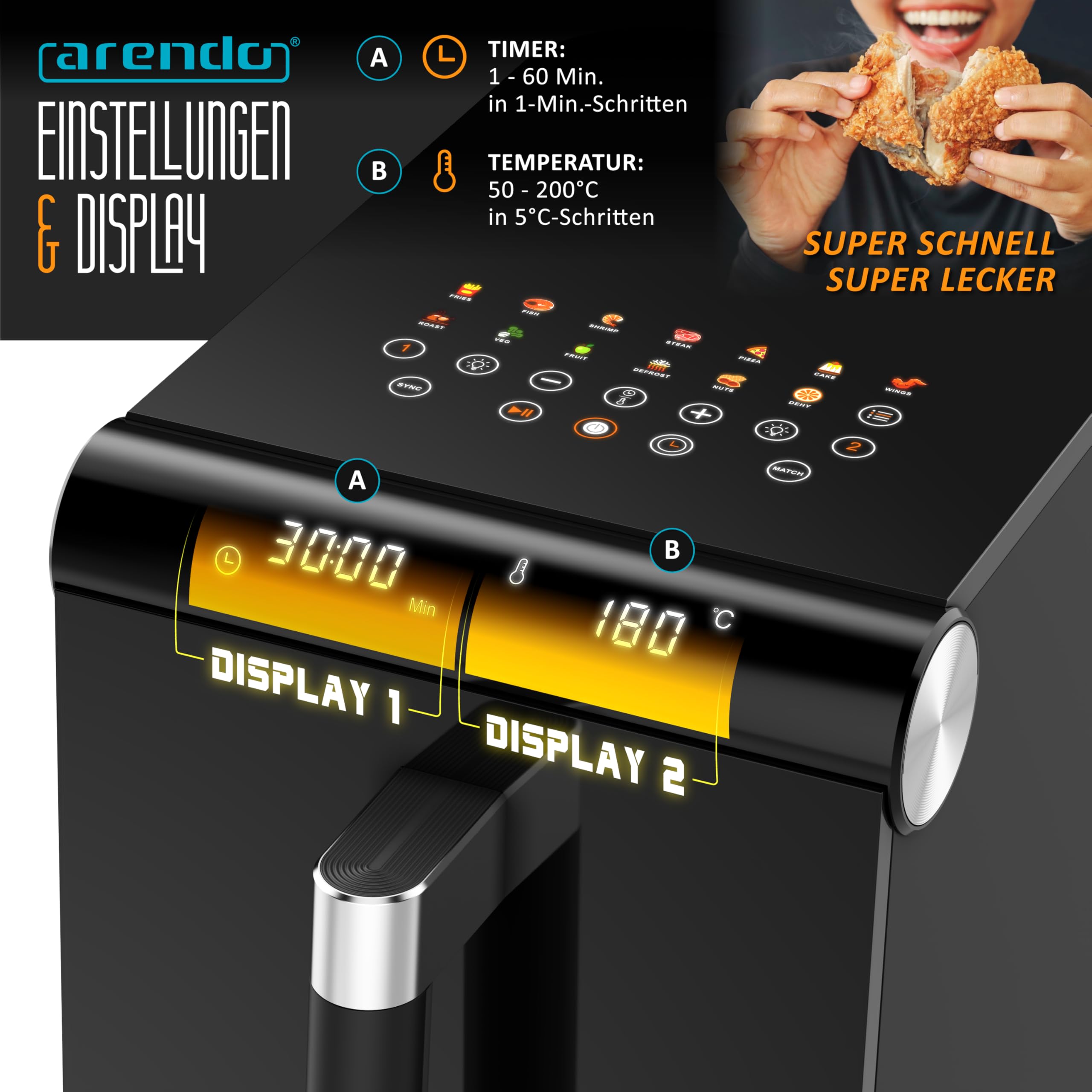 Arendo - Heißluftfritteuse XXL Dual Zone 2 Kammern – 11,4L Kapazität – 2 Zonen – Airfryer Doppelkammer mit Sichtfenster – 13 Programme – BPA-frei - 3D Umluftsystem - Sync und Match-Funktion