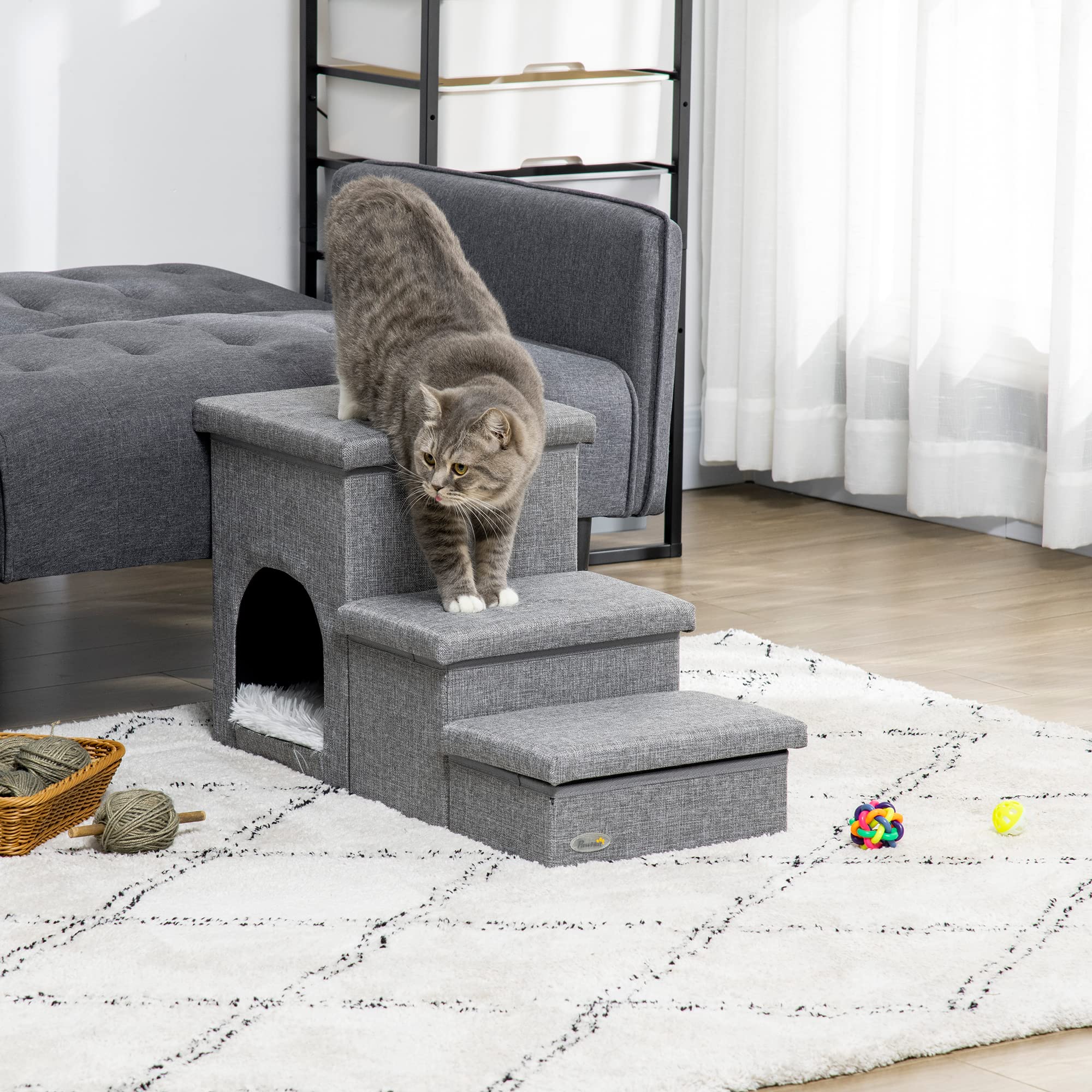 PawHut Scaletta per Cani e Gatti 10kg max a 3 Gradini con Casetta per Cani e Spazio Portaoggetti a Scomparsa, 73.5x33x40.5 cm, Grigio