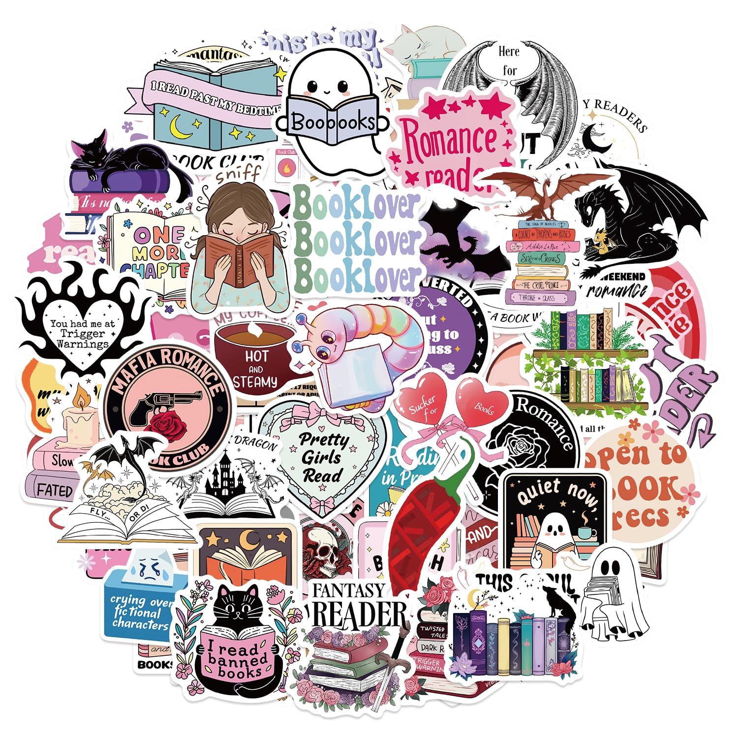 Tixlux 100 PCS Romance Book Stickers for Kindle, Bookish Sticker, Waterproof Funny Vinyl Readers Decals for Book Lover Girls Adults Water Bottle Laptop Goodie Bag -Romantic B