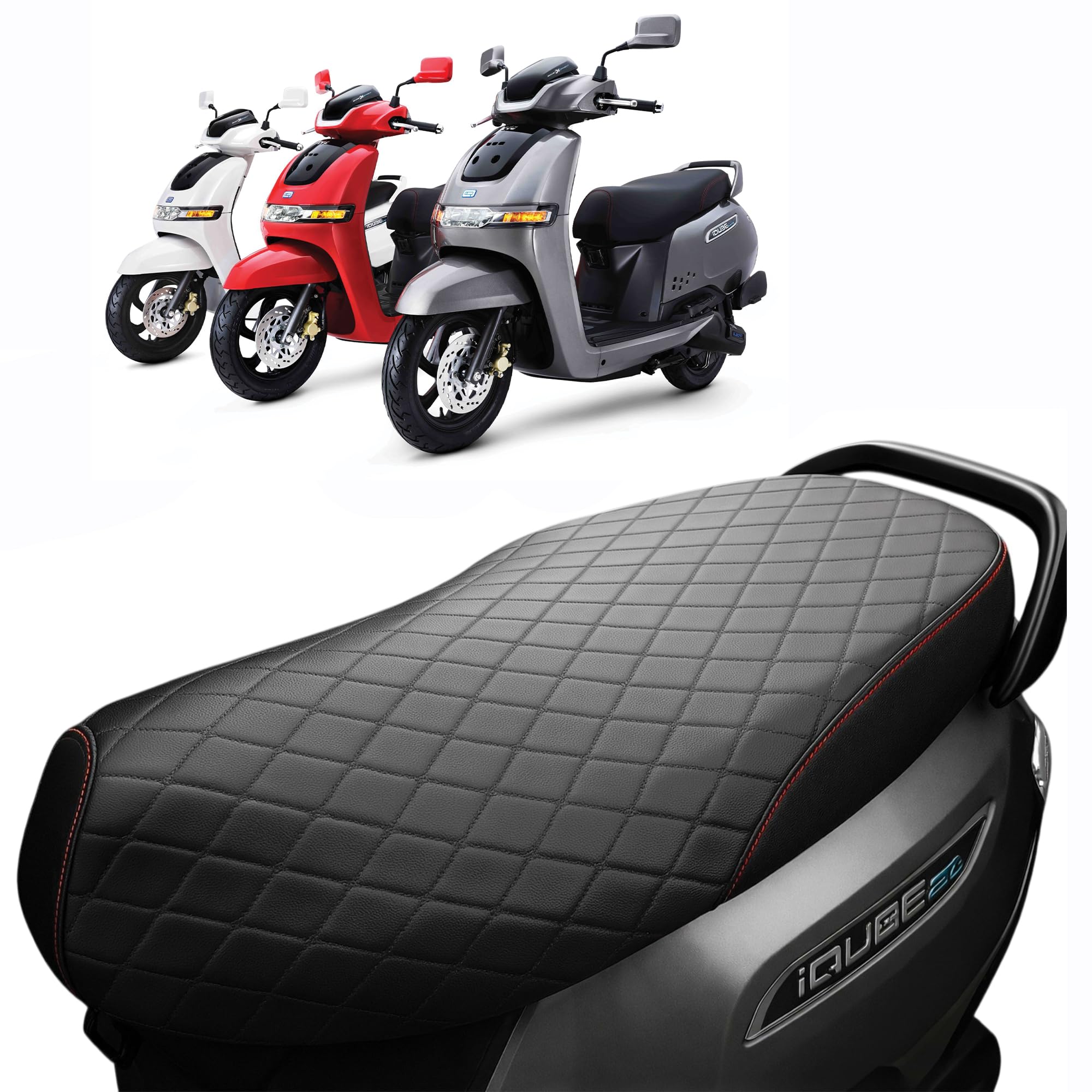 Seat Cover Compatible with TVS iQube Electric Scooter | Premium Black Seat Cover with Red Stitching | Waterproof All-Weather Fabric | Anti-Slip, Heavy-Duty Stitching-image-41