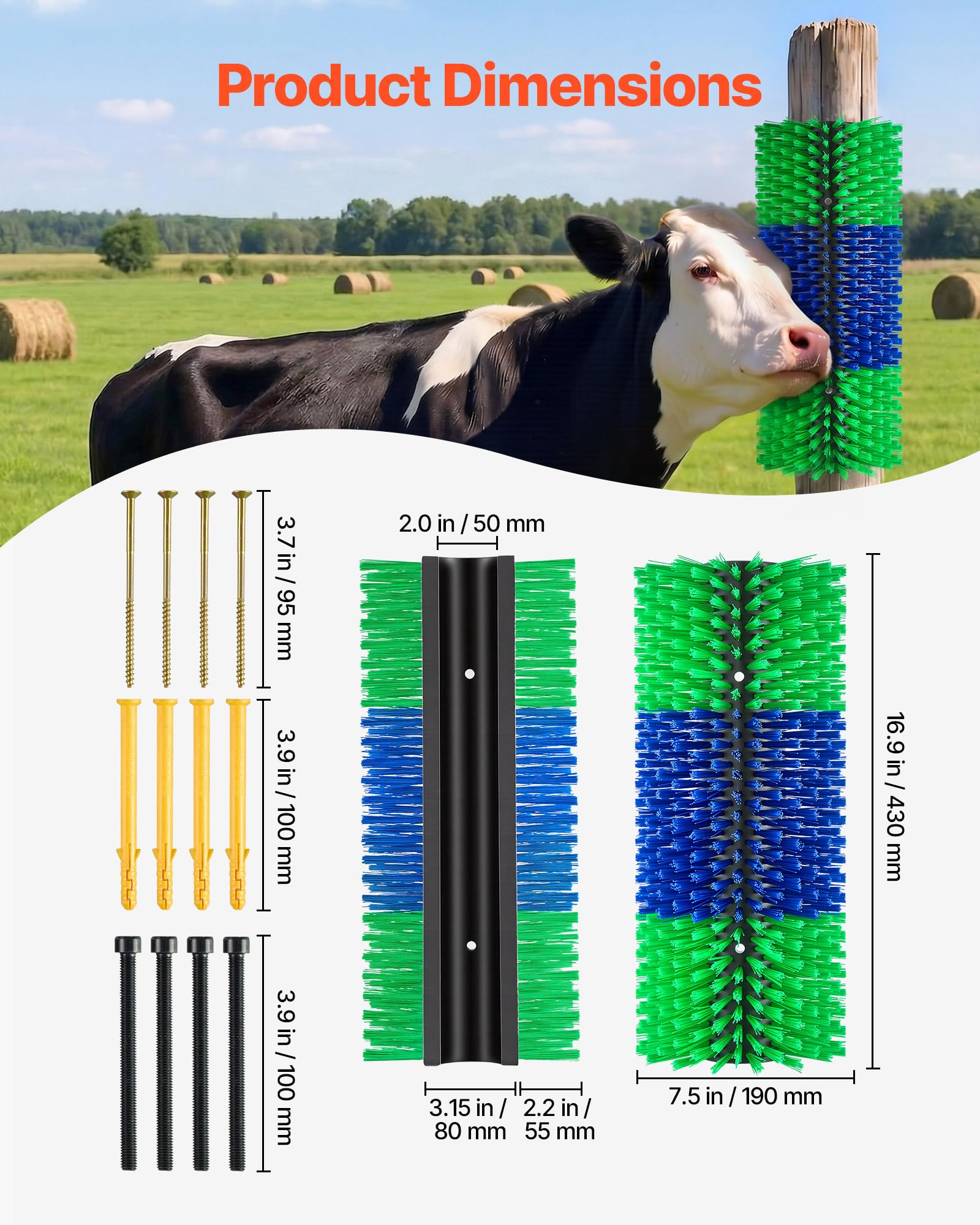 VEVOR Kratzbürste 43x19 cm, Viehbürste 2 Stk. inkl. 8 Schrauben, Rinderkratzer zur Linderung von Rückenjucken, Massage-& Pflege-Kratzwerkzeug für Pferde, Rinder, Schafe & Schweine, Grün & Blau