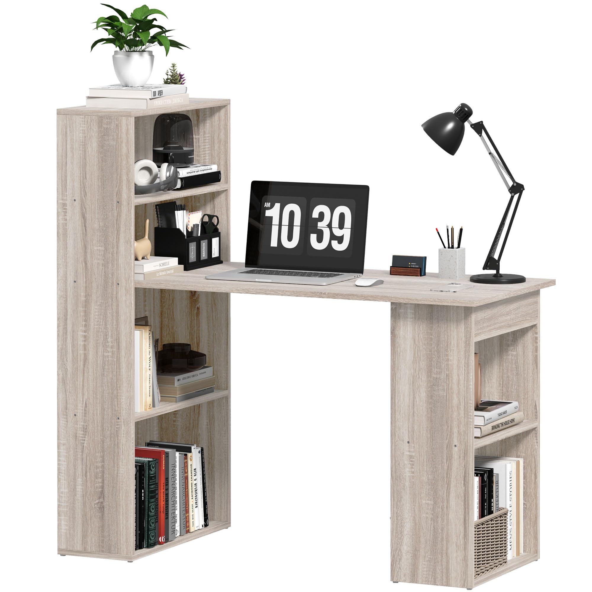 HOMCOM Modern Computer Desk with Storage Shelves, 47" Writing Table Workstation with Bookshelf for Home Office, Oak