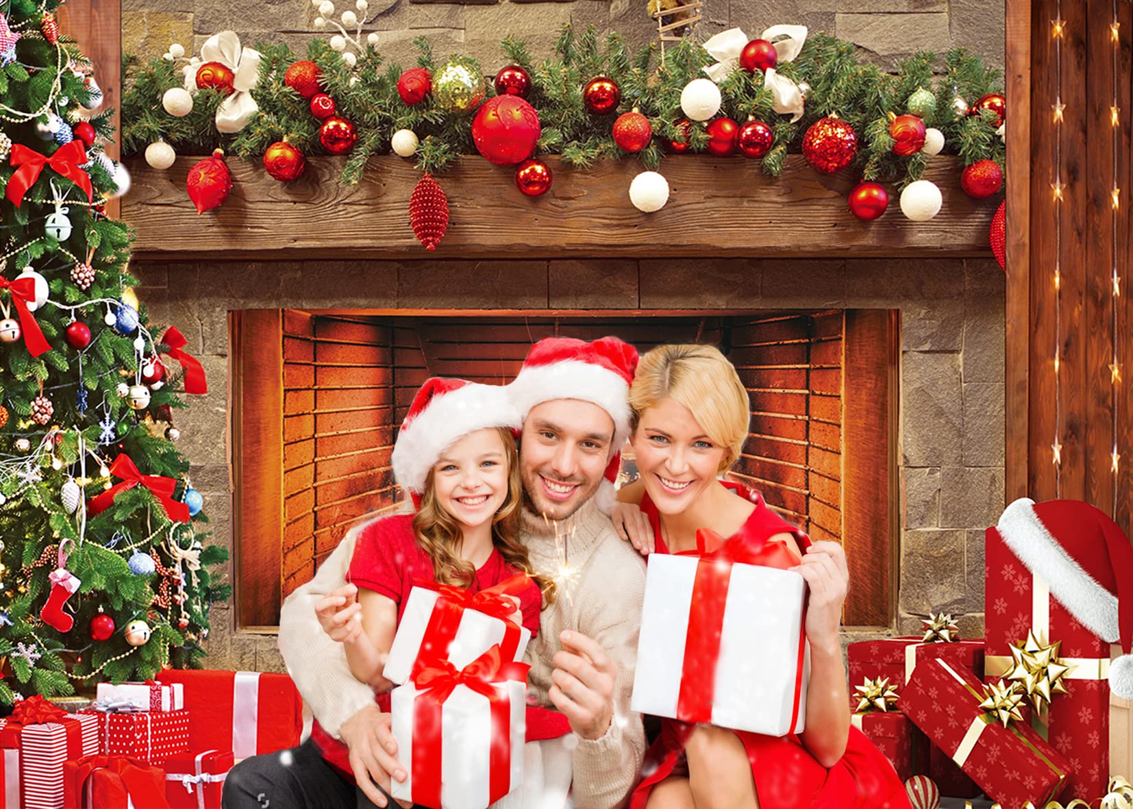 12x10ft Christmas Backdrop - Fireplace & Tree Holiday Photo Background For Party Decor