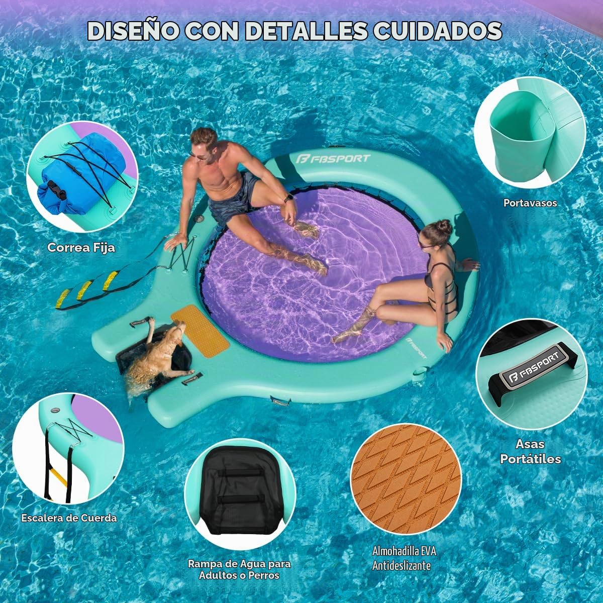 Sunchill Float Platform 240 cm Plataforma Flotante Hinchable para 3-5 Personas con Rampa para Perros, Muelle Tipo Anillo, Hamaca Acuática, Isla Flotante con Escalera, Piscina, Playa y Océano