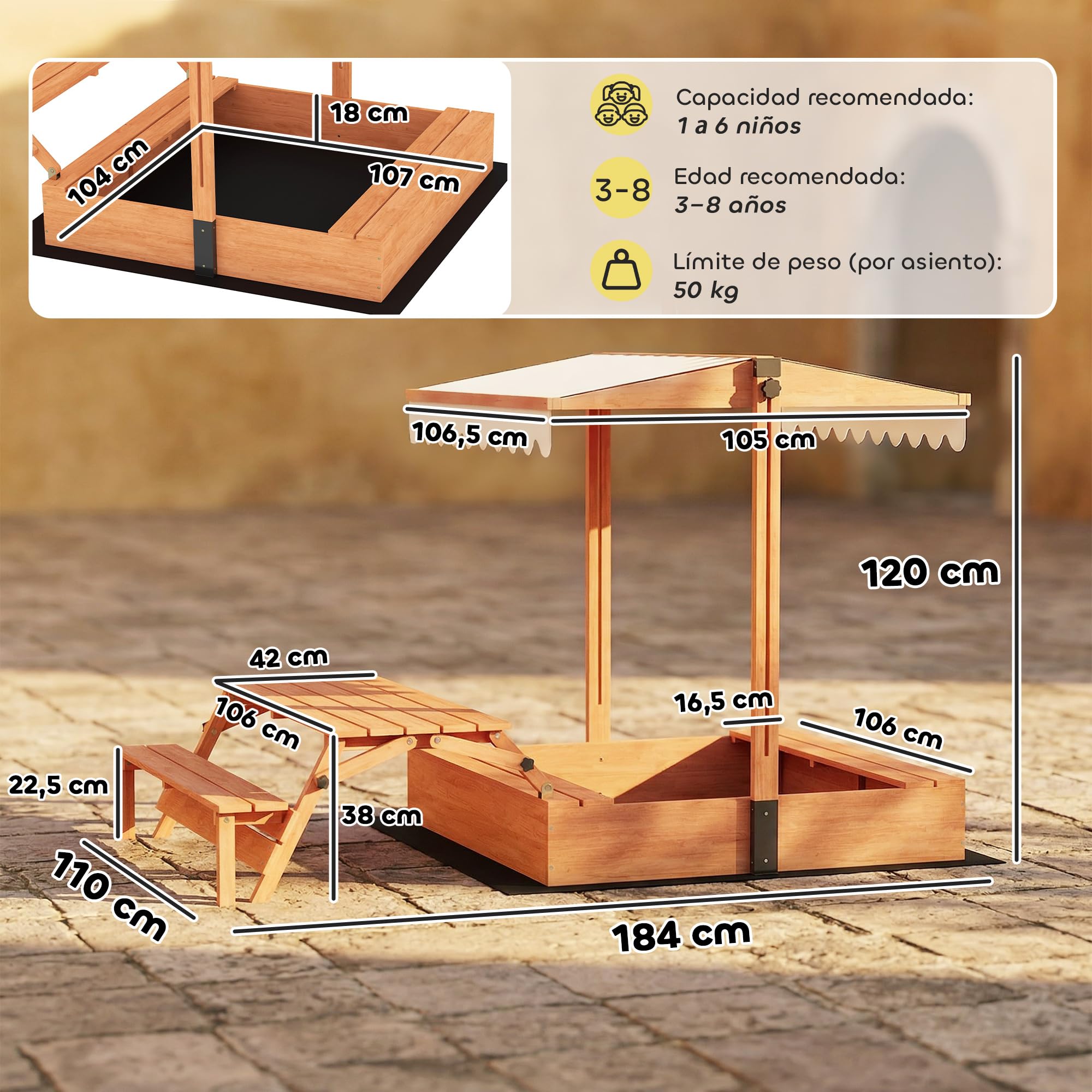 AIYAPLAY Arenero para Niños de Madera con Toldo Ajustable, Mesa Plegable de Picnic con Banco, Cubierta, 184x110x120 cm, Marrón