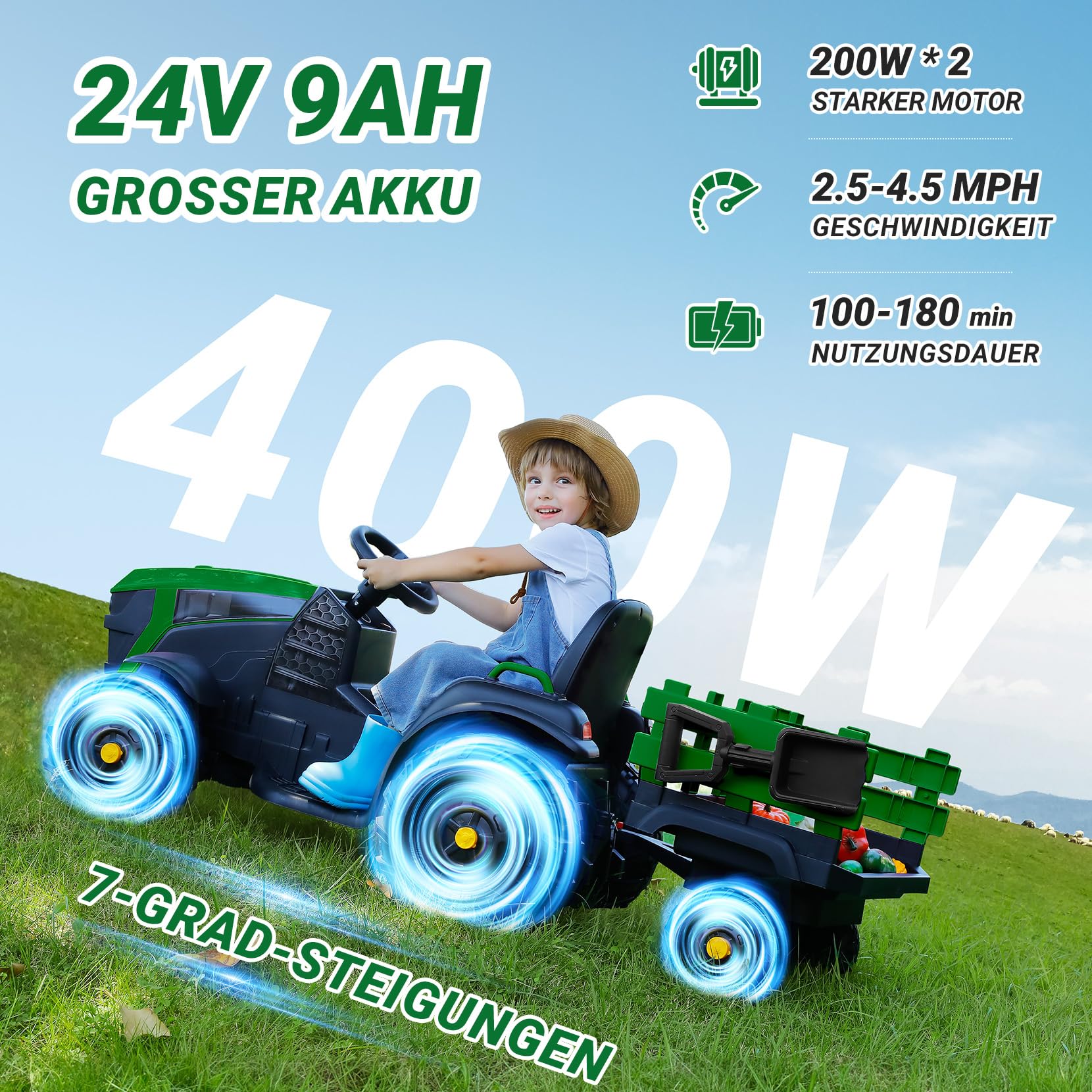 ELEMARA 24V 9AH Elektrischer Traktor für Kinder mit leicht abnehmbarem Anhänger, 400W Motoren Elektro Traktor, All-Terrain-Fähigkeit, Sicherheitsdesign mit 3-Punkt-Sicherheitsgurt für Alter 3+, Grün