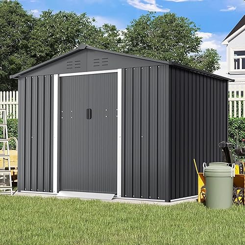 Oakmont Cobertizo de almacenamiento de jardín al aire libre de 6 x 8 pies, casa de herramientas de jardín con puerta con cerradura, casa de