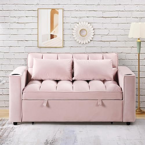 Pink 55.3" 4-1 Multi-Functional Sofa Bed with Cup Holder and USB Port for Living Room or Apartments