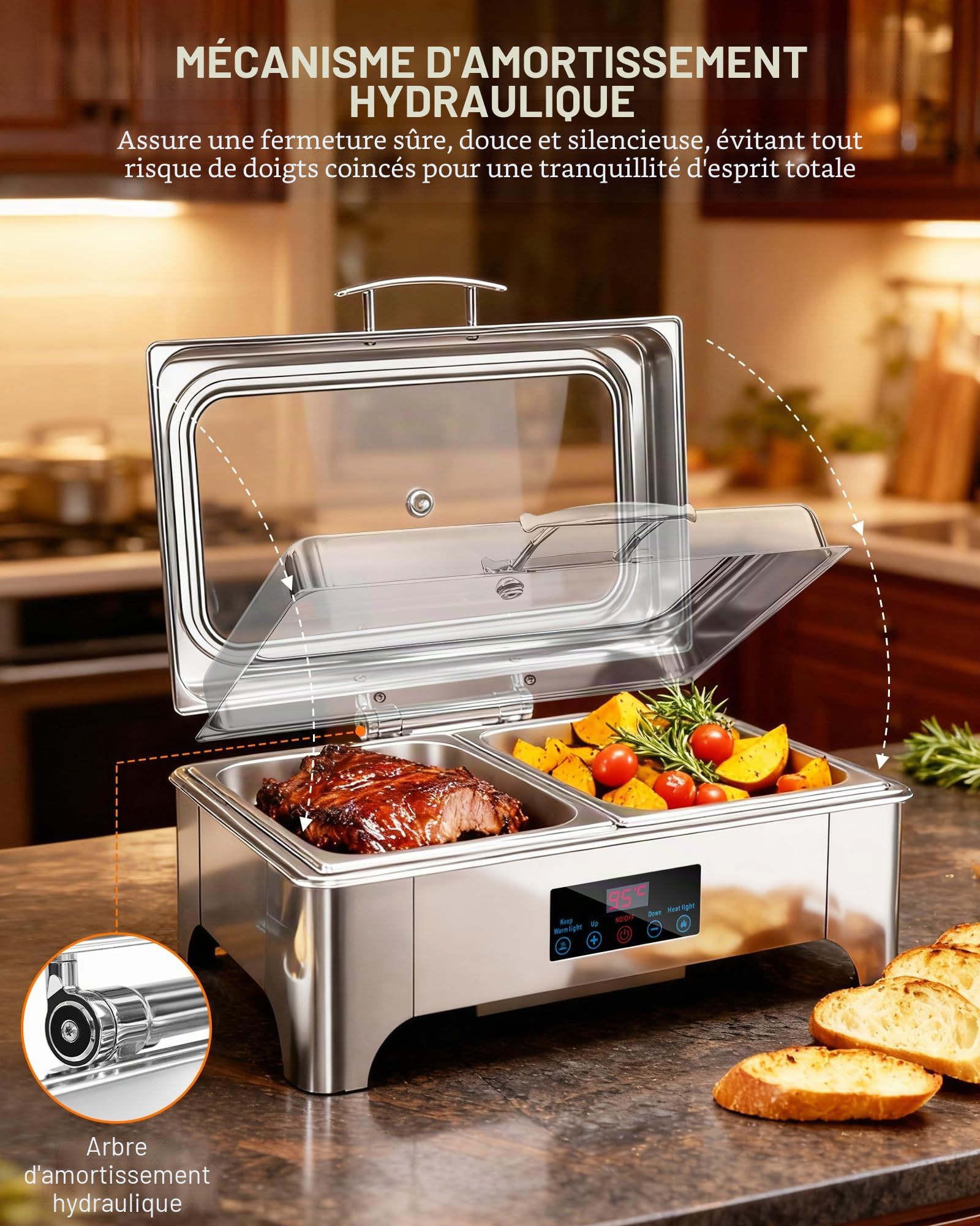 Chafing Dish Buffet Electric, Chauffe Assiette électrique 9L, Chauffage Buffet avec contrôle d'écran Tactile et Couverture de confidentialité en Verre, réchauffeur en Acier Inoxydable