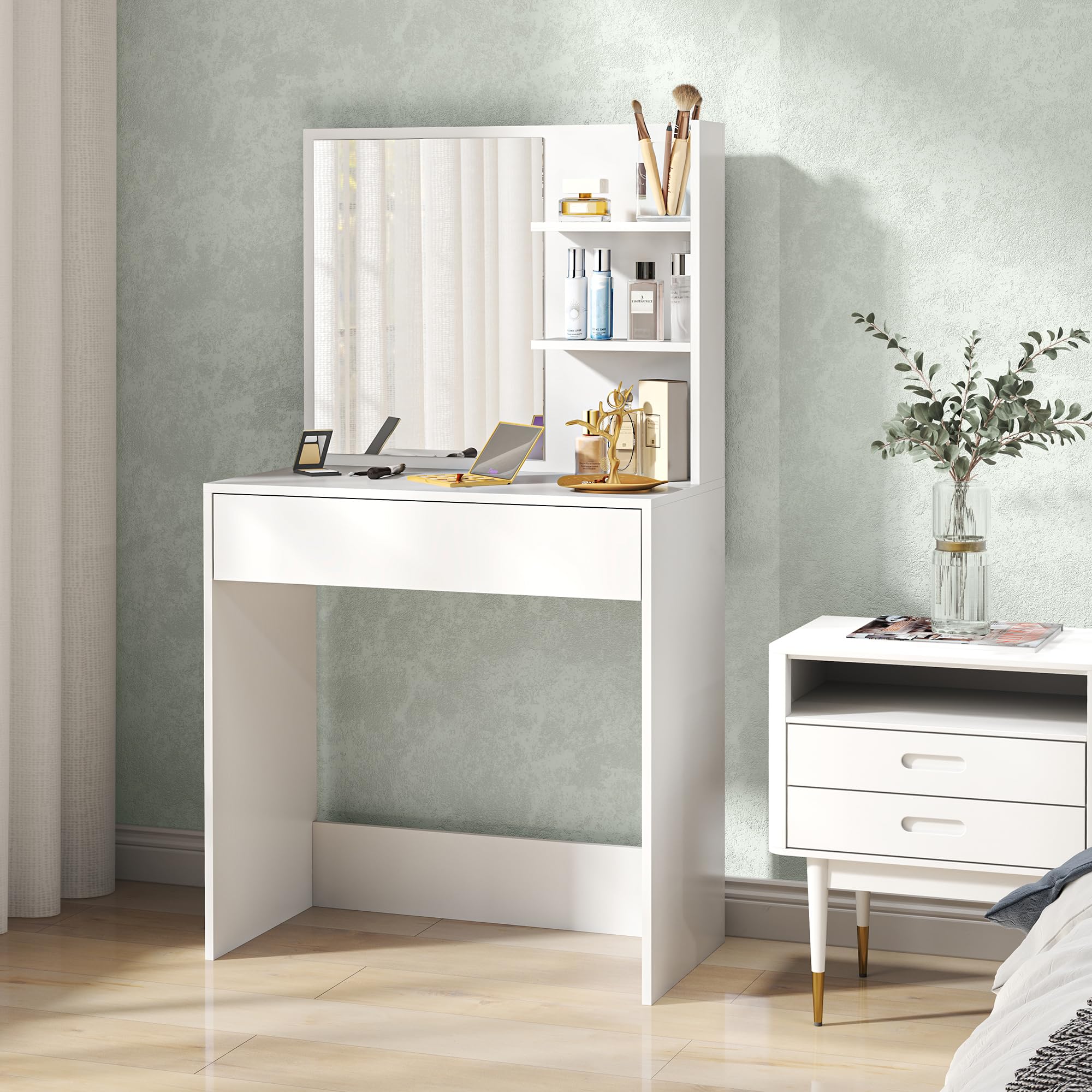 HOMCOM Toeletta Trucco Elegante con Specchio Moderno 75x40x137 cm Bianco | Ampio Cassetto Portaoggetti, 3 Ripiani, Postazione Trucco, Postazione Make Up per Camera da Letto