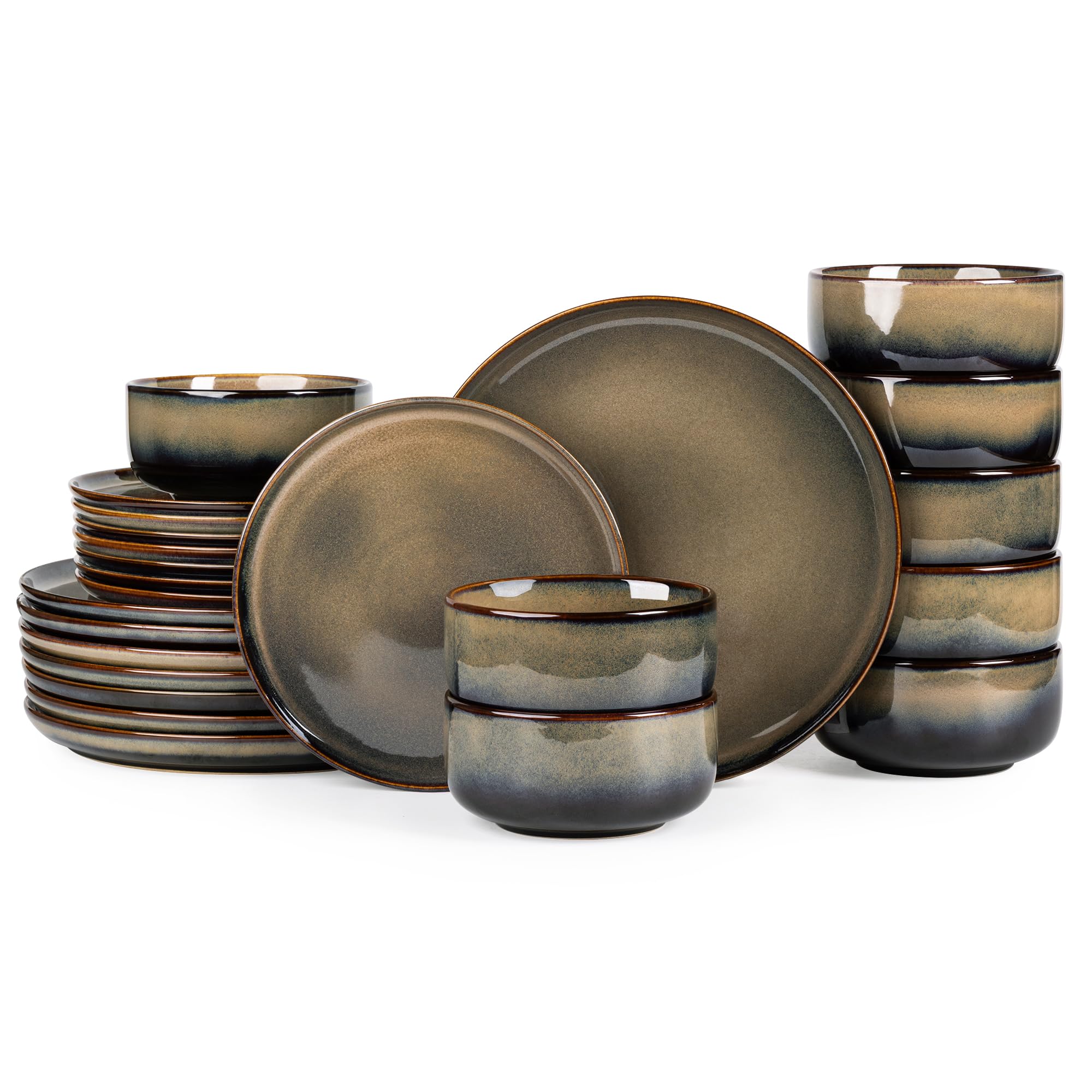 Ceramic Dinnerware Set for 8, 24-Piece Plates and Bowls Set | Handmade Reactive Glaze Dish Set, Scratch Resistant, Oven &amp; Microwave &amp; Dishwasher Safe, Mocha Brown