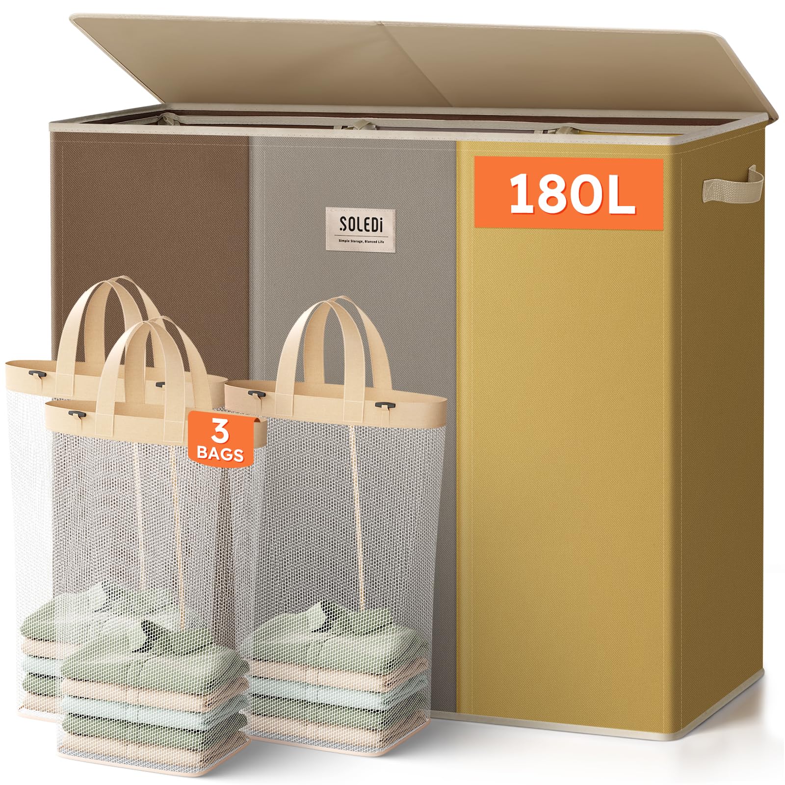 Large 3-Section Laundry Hamper - 180L Black -22