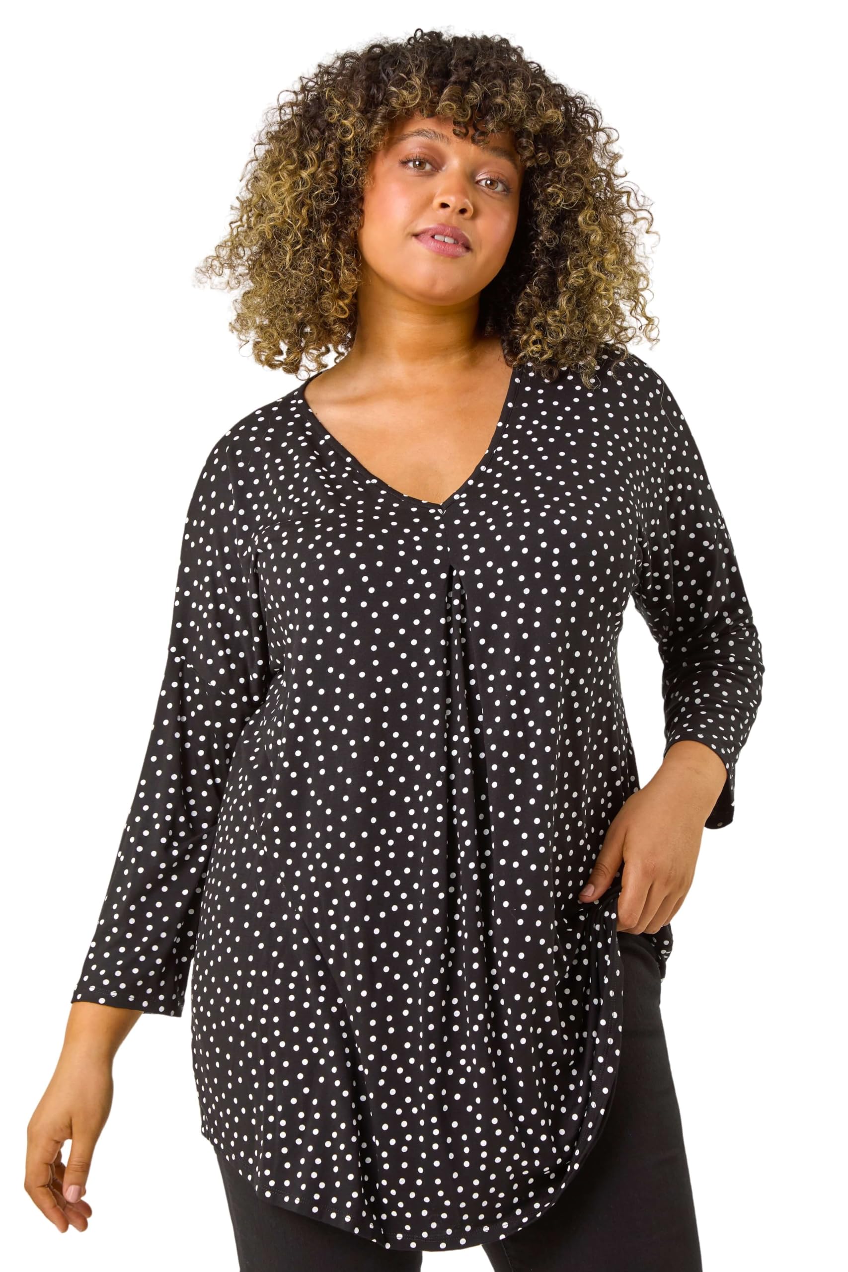 Roman Curve V-Neck Spot Print Tunic Black Size 20 - Long Sleeve Jersey Tunic Top