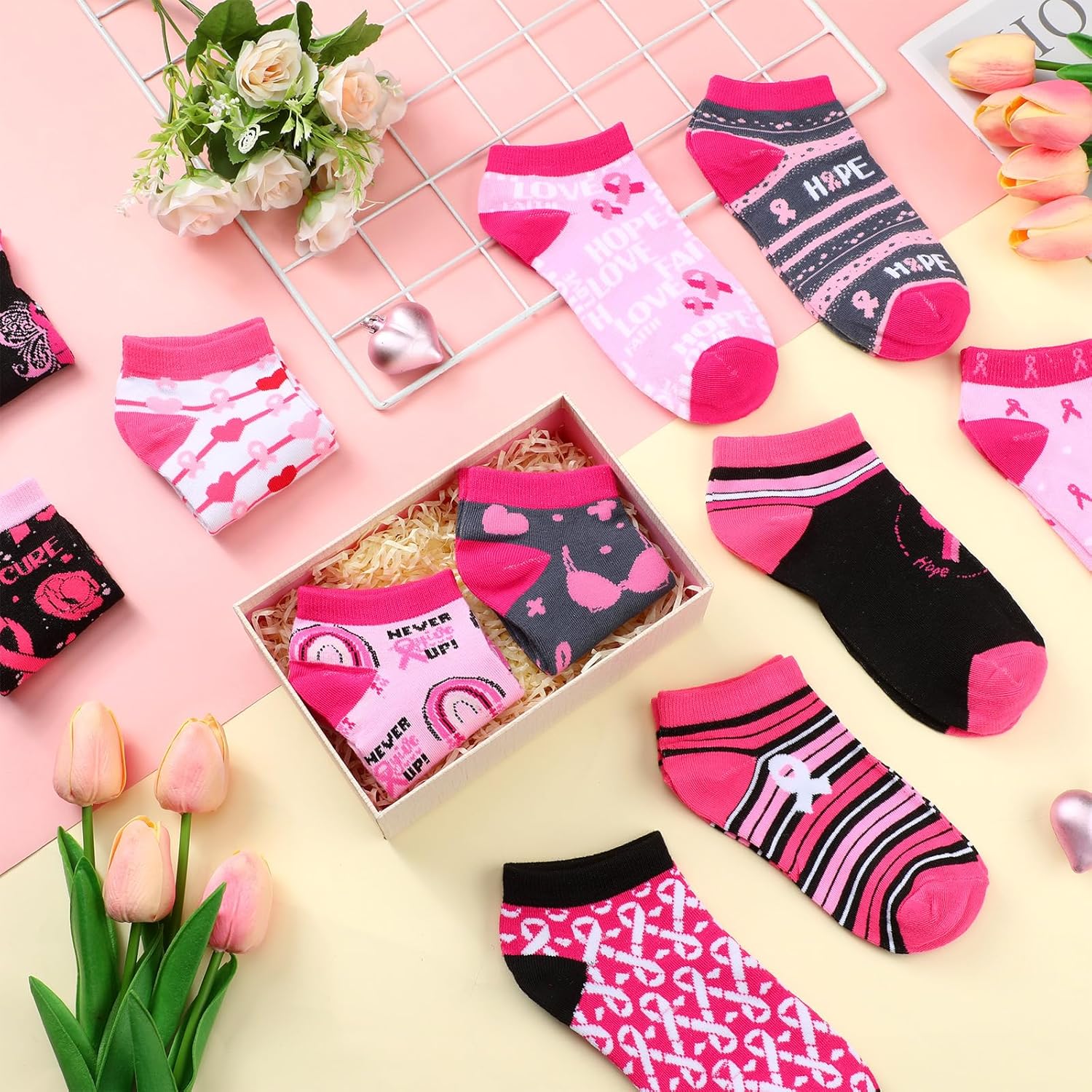 Panitay 36 Pairs Breast Cancer Awareness Socks Bulk Soft Pink Ankle Socks Pink Ribbon Breast Cancer Gifts for Women Accessories, 18 Styles