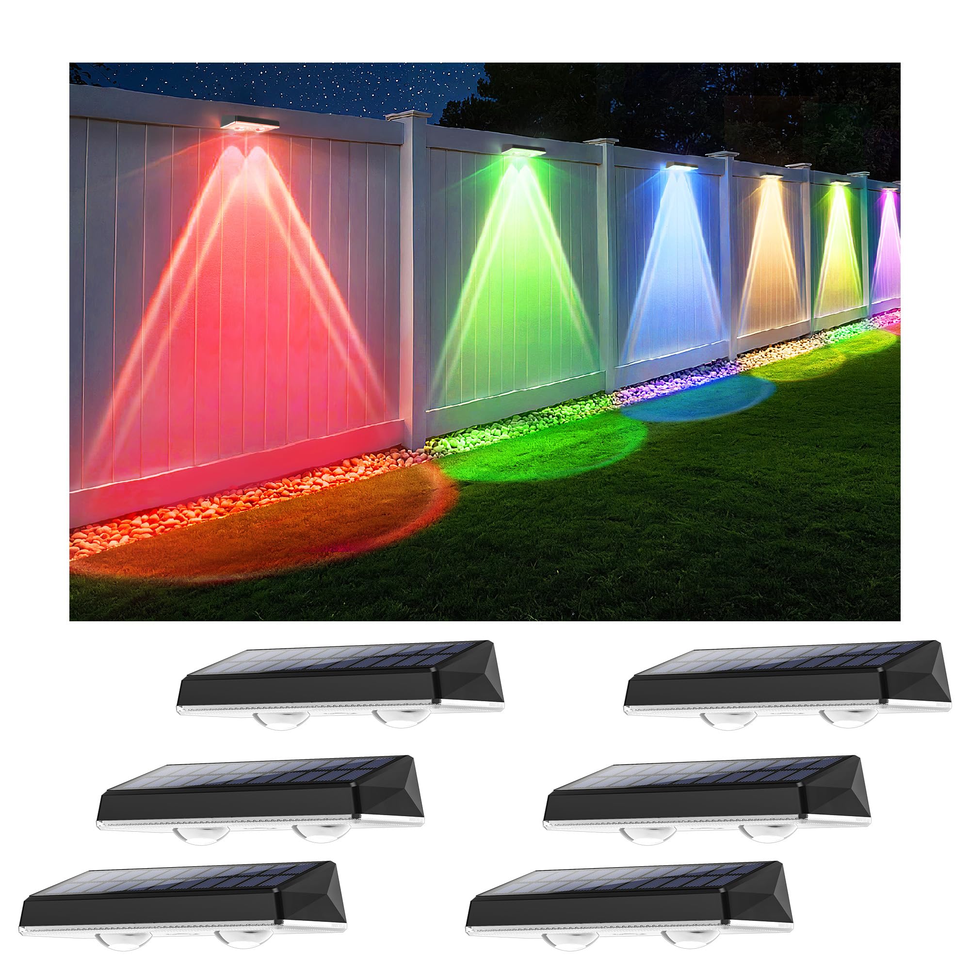 Delaiglow Solar Fence Lights Outdoor Garden, 6 Pack Wall Lights Outdoor with Warm White & RGB 7 Colors, IP67 Waterproof