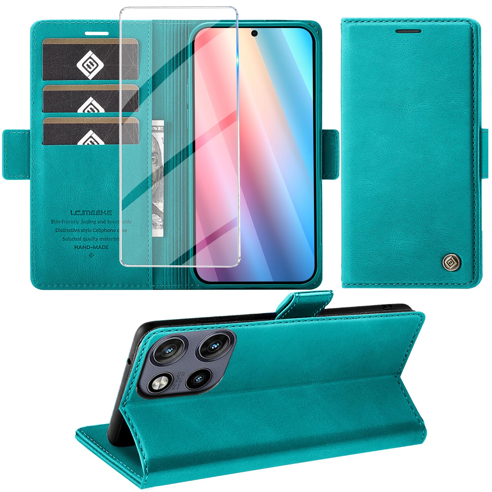 Giyer Cover per Motorola Moto Edge 50 Neo Custodia con Vetro Temperato, Premium Pelle PU Portafoglio Slot per Scheda RFID Antifurto Funzione Supporto Flip Case Edge 50 Neo 5G Cover (Cyan)