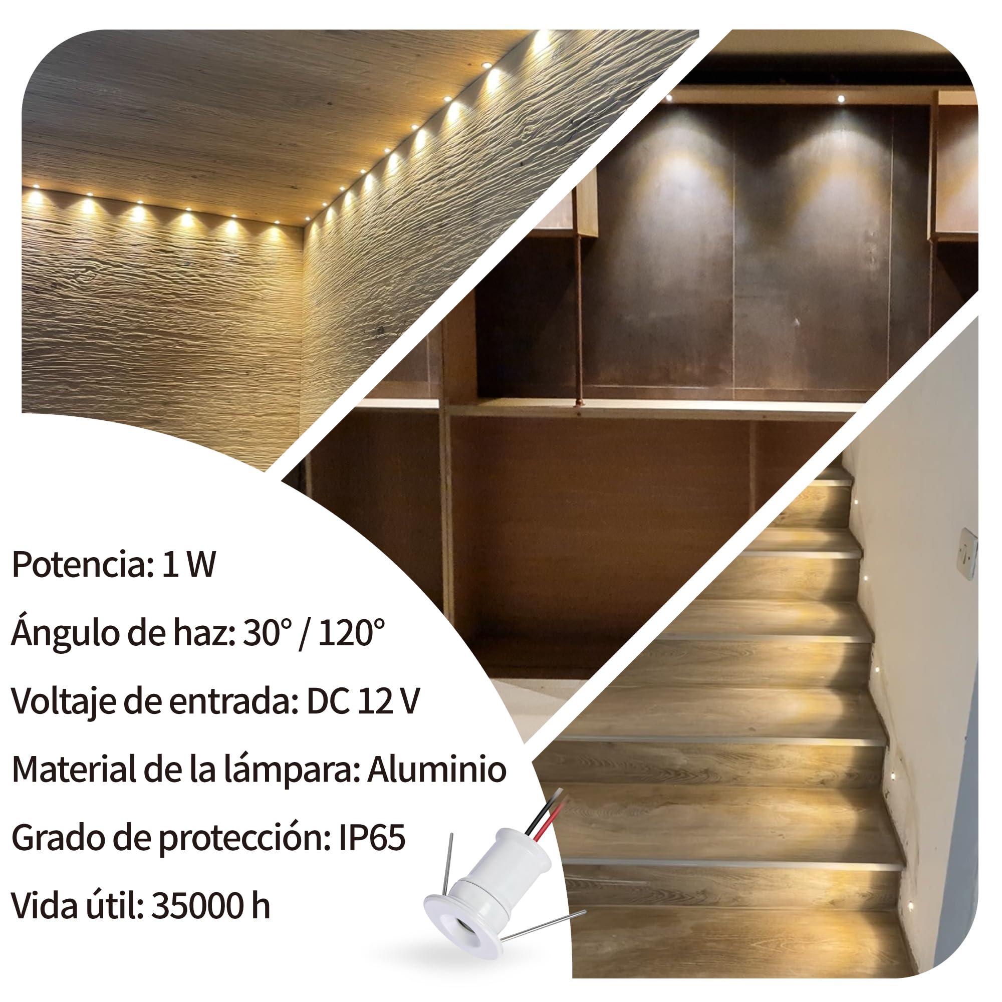 9 uds Mini Foco LED 12V 1W, IP65 Impermeable Small Spot Lights Empotrable, 15mm Downlight Spotlight Exterior Escaleras Pasillos Para Vitrinas Cuadros Pequeños Ducha Nicho Techo(Blanco Cálido 30°)