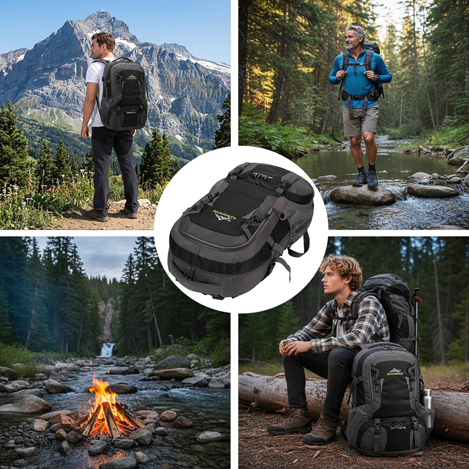 Grand sac à dos de randonnée imperméable de 70 L pour homme et femme - Sac à dos de voyage léger - Noir - Pour sports de plein air, randonnée, cyclisme, escalade, alpinisme