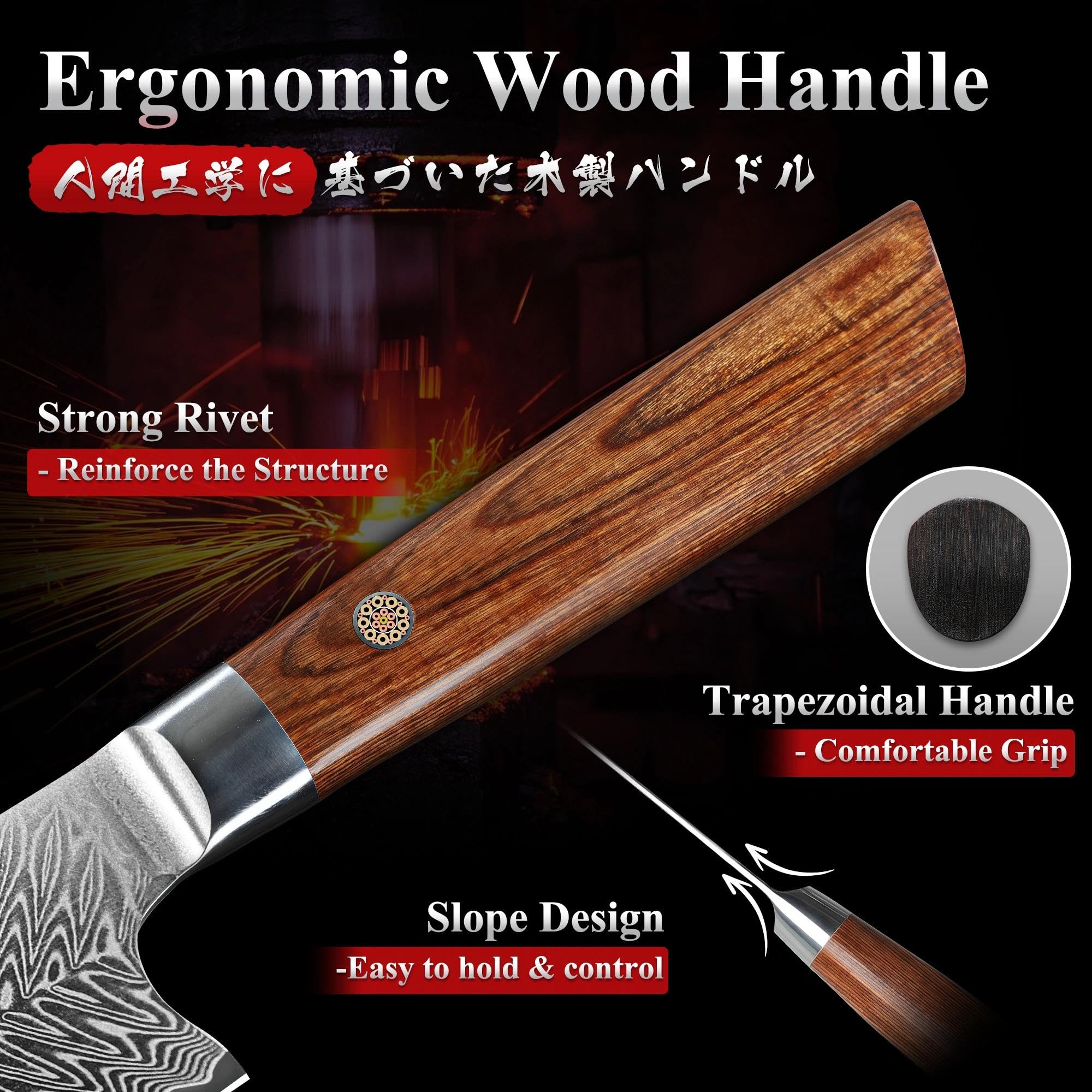 Dragon Creek Cuchillo Chef 22 cm Acero Damasco con Mango de Madera | Cuchillo Chef multifunción de acero Damasco; para carne, verduras y hierbas; regalo elegante para cocineros