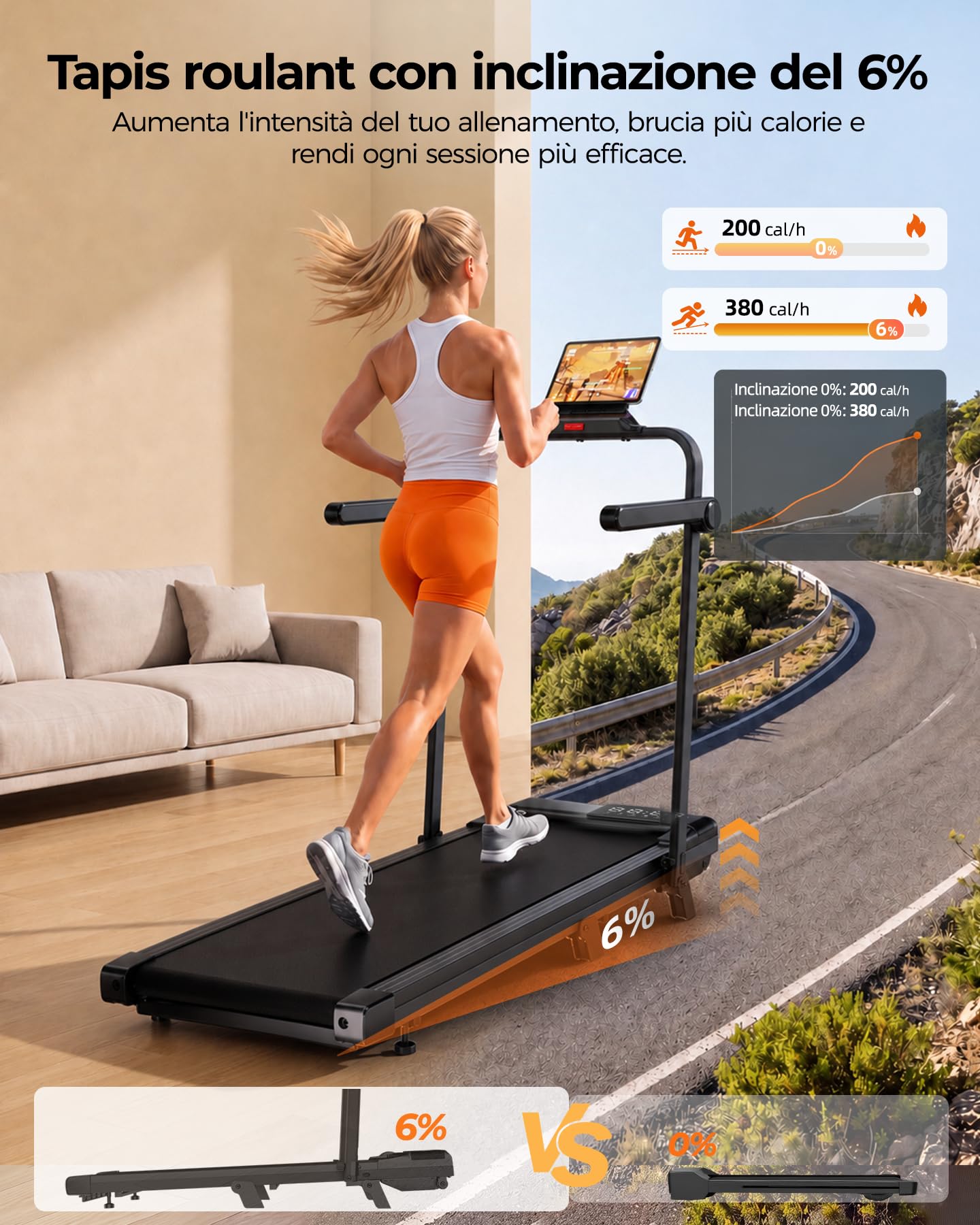 Superun Raceable Tapis Roulant Salvapazio Elettrico con Inclinazione 6%, 2.5CV/3CV Walking Pad,1-6/12 km/h Tapis Roulant Elettrico Pieghevole con APP Controllo Corsi di Allenamento, Massima di 136 kg