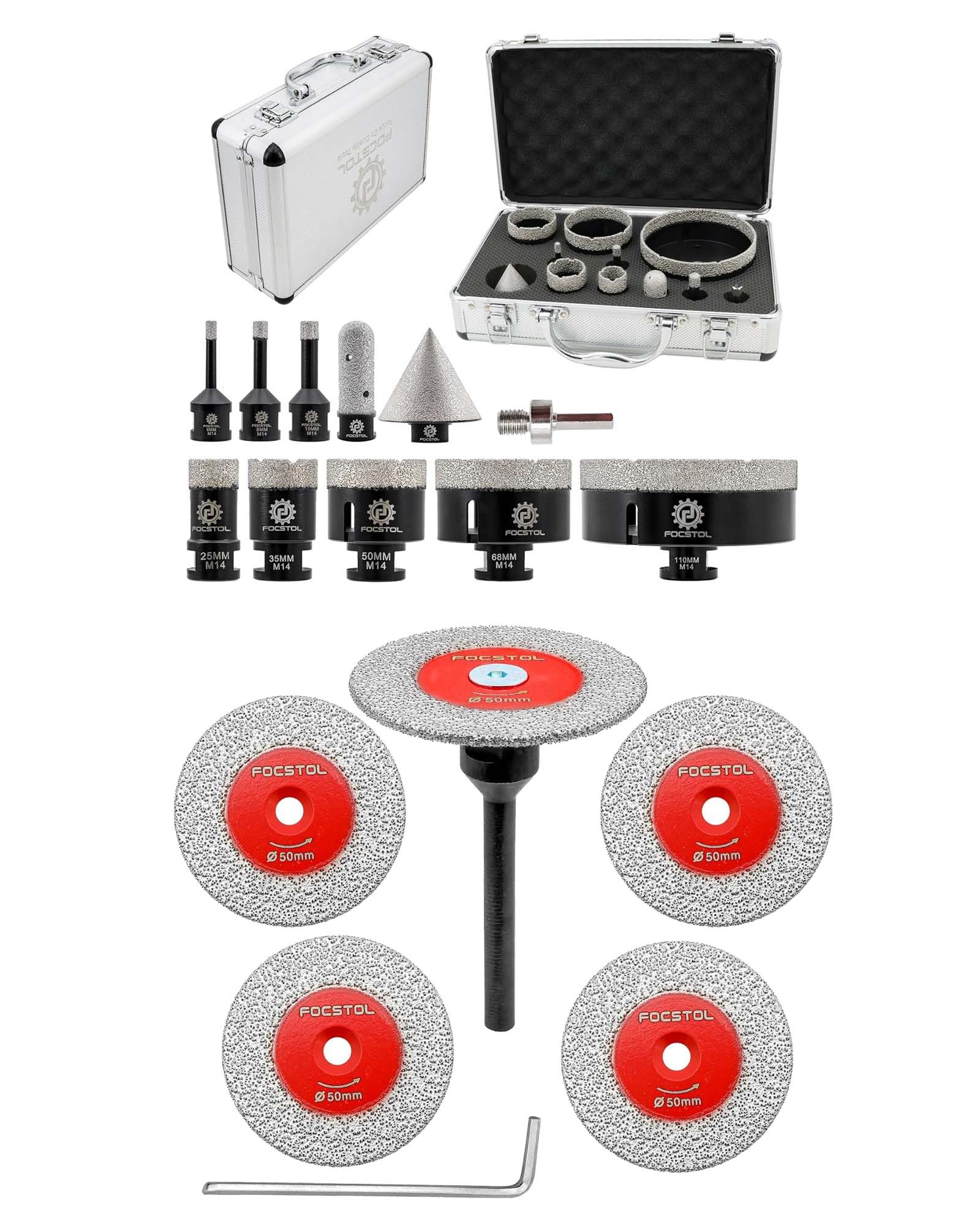 FOCSTOL Disco Diamante Corte 5 piezas 50mm Disco Cortar Azulejos y 1 pieza 6mm Mango Redondo y Juego Brocas Diamante 11 piezas