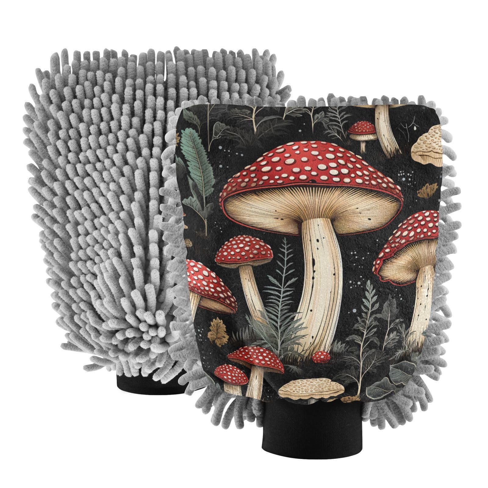 IOACIY Absorbent Microfiber Car Wash Drying Mitts, 2 Pack, Scratch-Free & Lint-Free, Rich Foam, Highly Absorbent, Double Sided, Wash Mitt Perfect for Car Washing, M, Cute Mushroom (2)