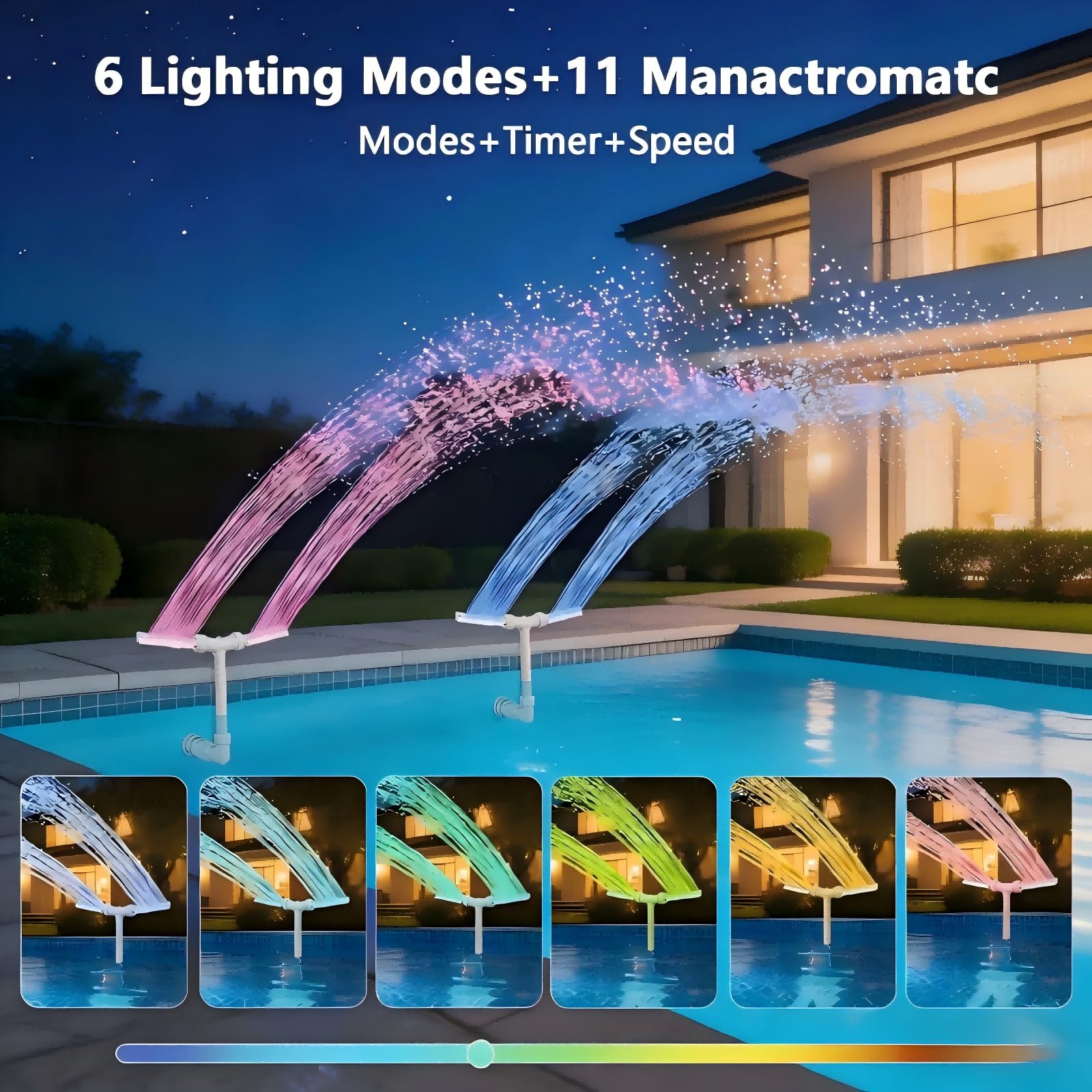 Fuente Solar LED para Piscinas – Doble Chorro 360° Ajustable, RGBIC, Carga Solar+USB, Mando+App, para Piscinas Sobresuelo y Enterradas