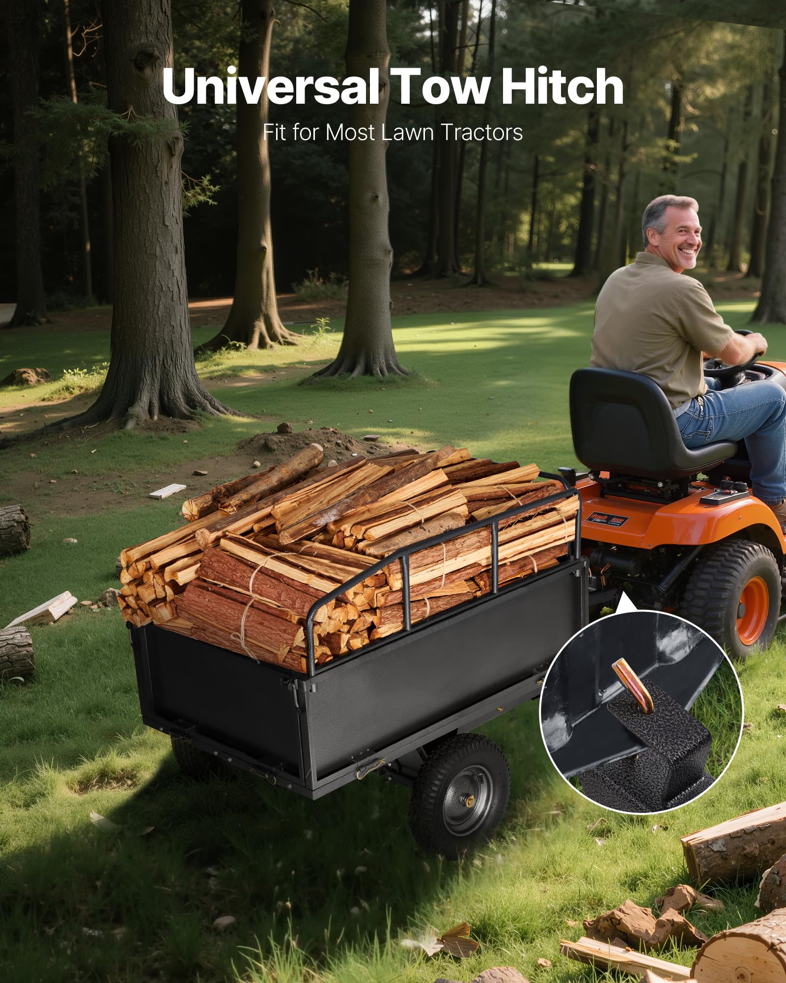 VEVOR Przyczepa ogrodowa, pojemność 17 Cu i 272 kg, przyczepa ciągnąca ATV UTV, wózek holowniczy za stalowym wózkiem wywrotkowym z oponami 40 cm, ręcznym pociągnięciem lub pedałem nożnym, wytrzymałe