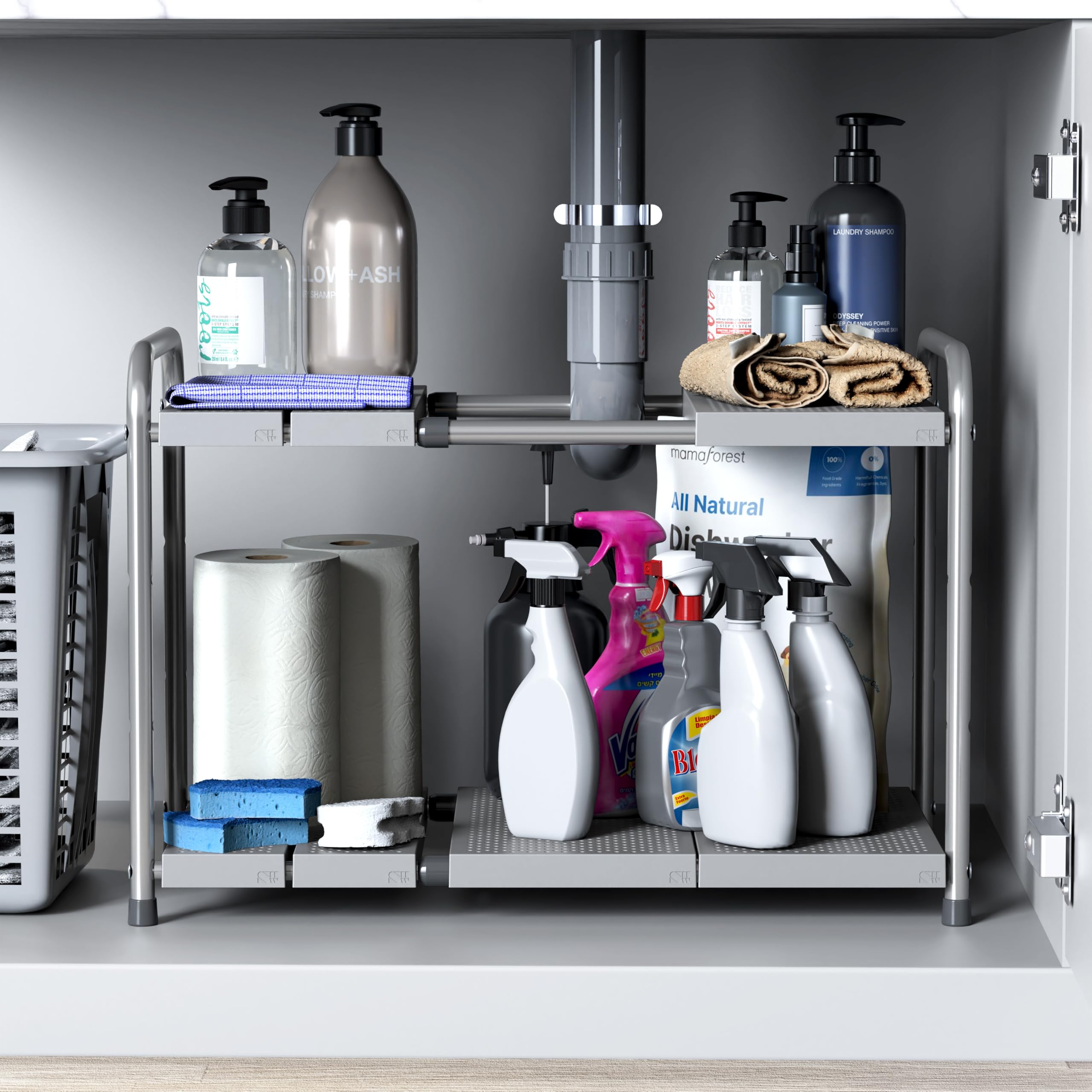 SimpleHouseware Expandable Cabinet Shelf Organizer in use