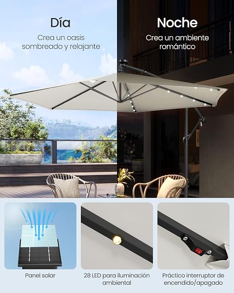 SONGMICS Sombrilla para Balcón con Iluminación LED Solar, con Base, Parasol UPF 50+, con Manivela, para Terraza, Jardín - 3