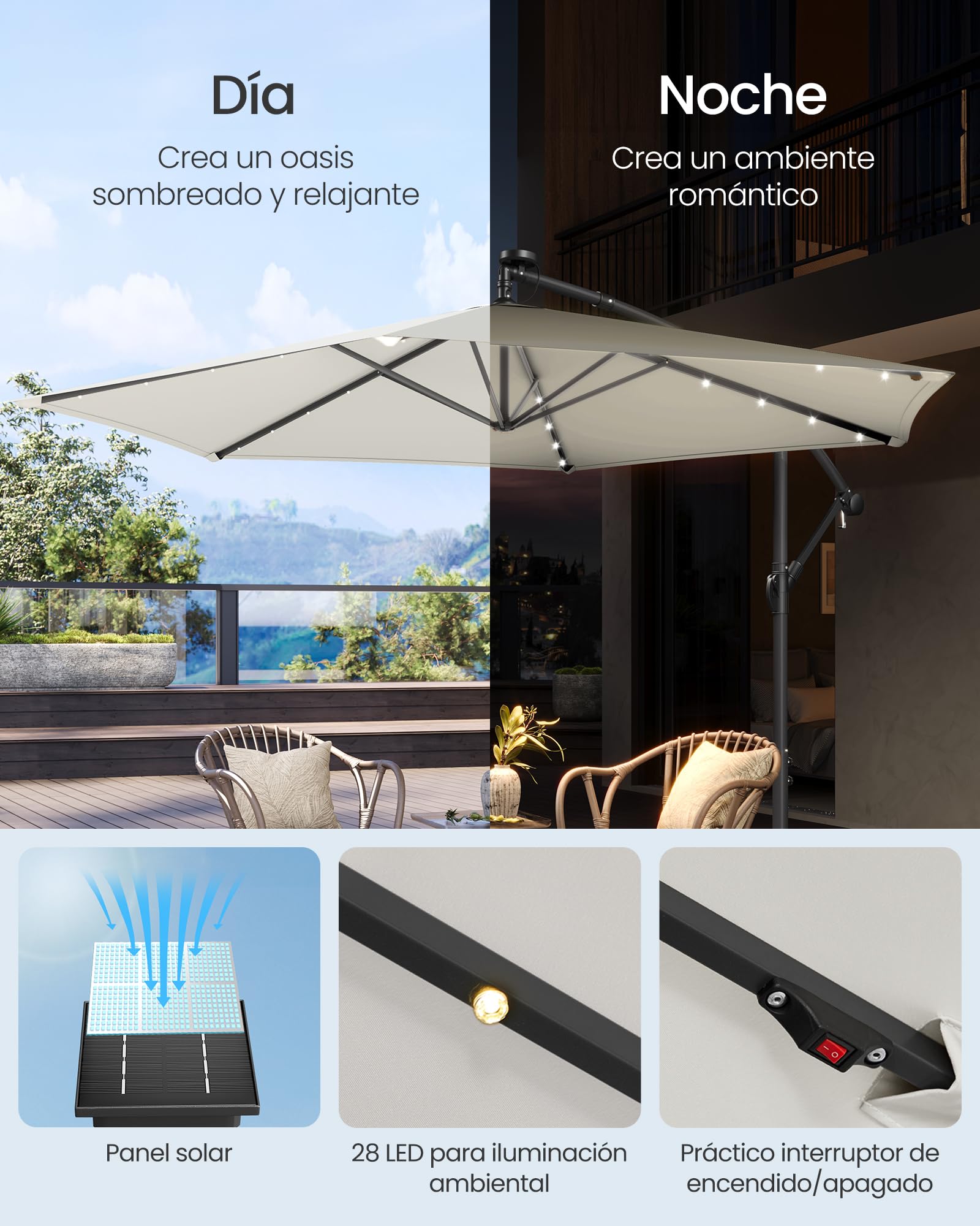 SONGMICS Sombrilla para Balcón con Iluminación LED Solar, Brazo de 350 cm de Diámetro, 32 Luces, con Base, Parasol UPF 50+, con Manivela, para Terraza, Jardín, Beige GPU119LZ01