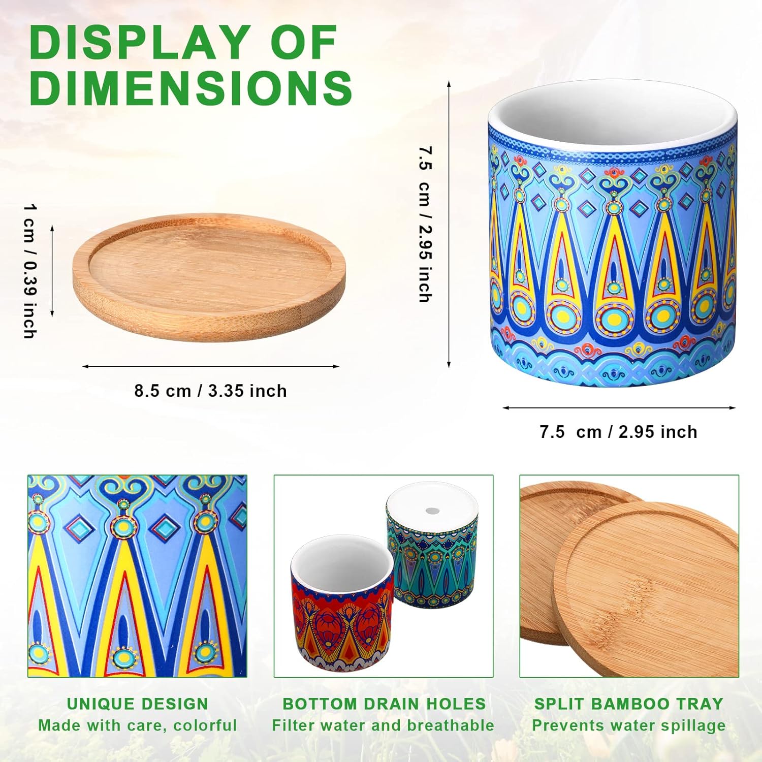 Zopeal 12 Pcs Mandala Ceramic Succulent Pots with Bamboo Trays, Colorful Boho Spring Decor Planters, Small Cactus Plant Pots for Desk Shelf Windowsill, Fiesta Home Decor