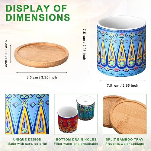 Miniatura 2 de Zopeal 12 macetas para suculentas de 3 pulgadas, macetas cilíndricas de cerámica, mandala, multicolor, con agujeros de drenaje y bandejas de bambú