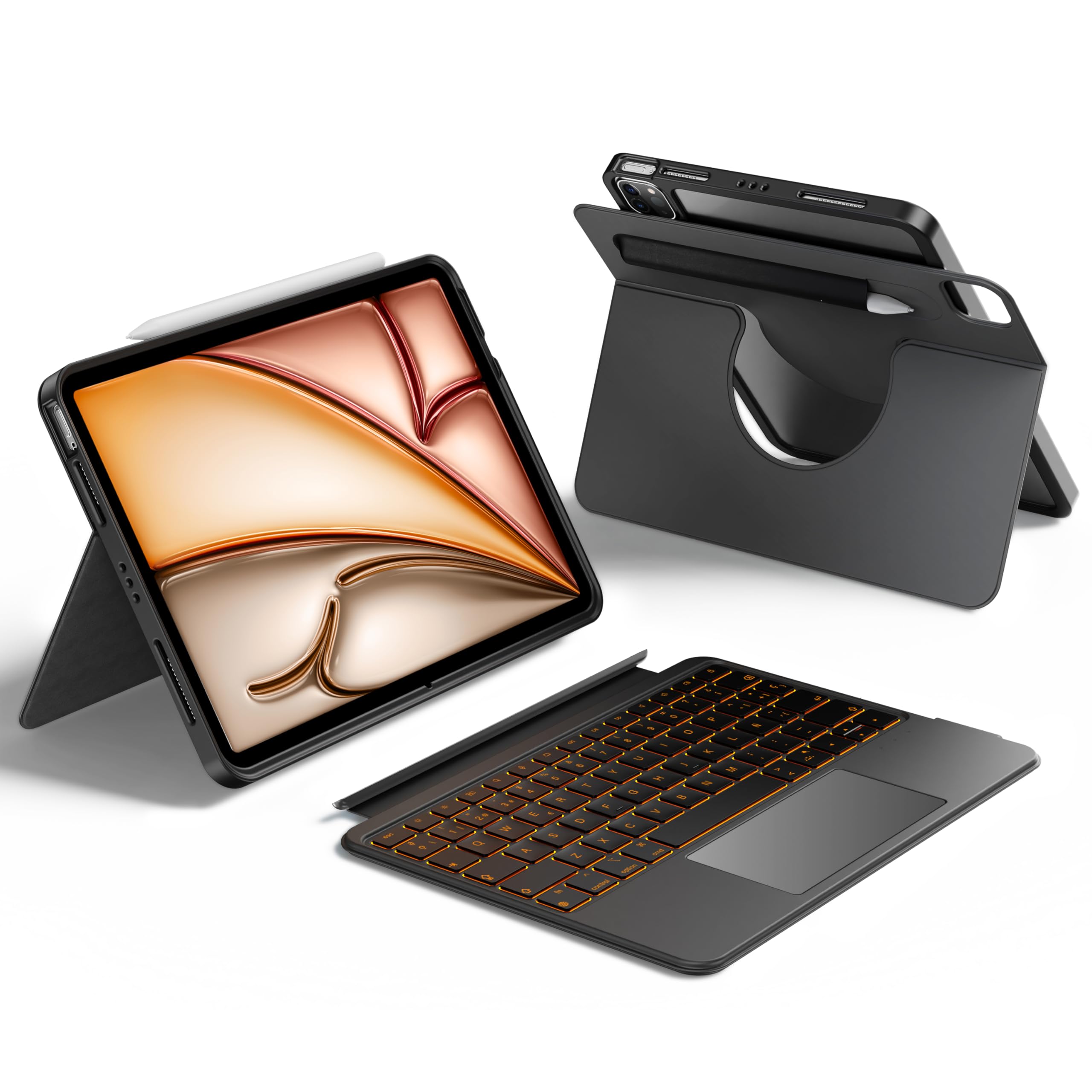 HOU Teclado Giratorio para iPad Air 11 (M3/M2) 2025, Funda Magnética Desmontable con Teclado para iPad Pro 11 (4ª/3ª/2ª/1ª) e iPad Air (7ª/6ª/5ª/4ª),con Panel Táctil, Retroiluminación,Español Ñ- Negro