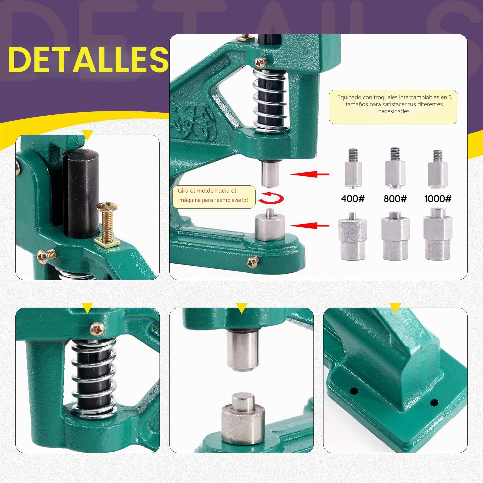 Swpeet Kit de perforación de ojales de prensa manual resistente, incluye 3 troqueles (#0#2#4) y 3000 ojales plateados/dorados y kit de herramientas de base rodante para herramienta de agujero de