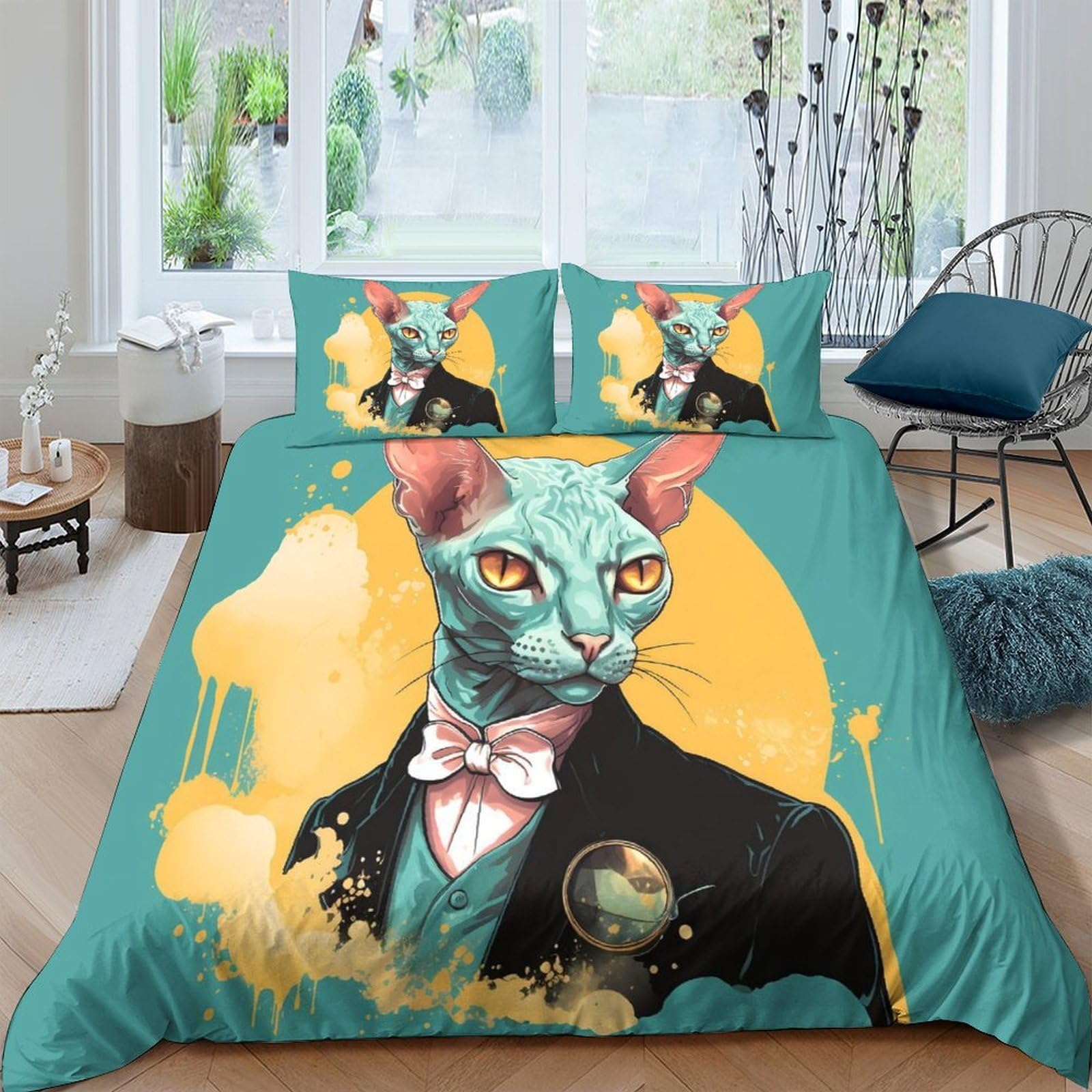 Ctjqhvkz Style-1 3D Printed Sphynx Cat Portrait Fitted Sheet Microfiber Soft Teal Yellow Artistic Bed Cover For Bedroom Dorm Mattress Decor Single（135X200cm）