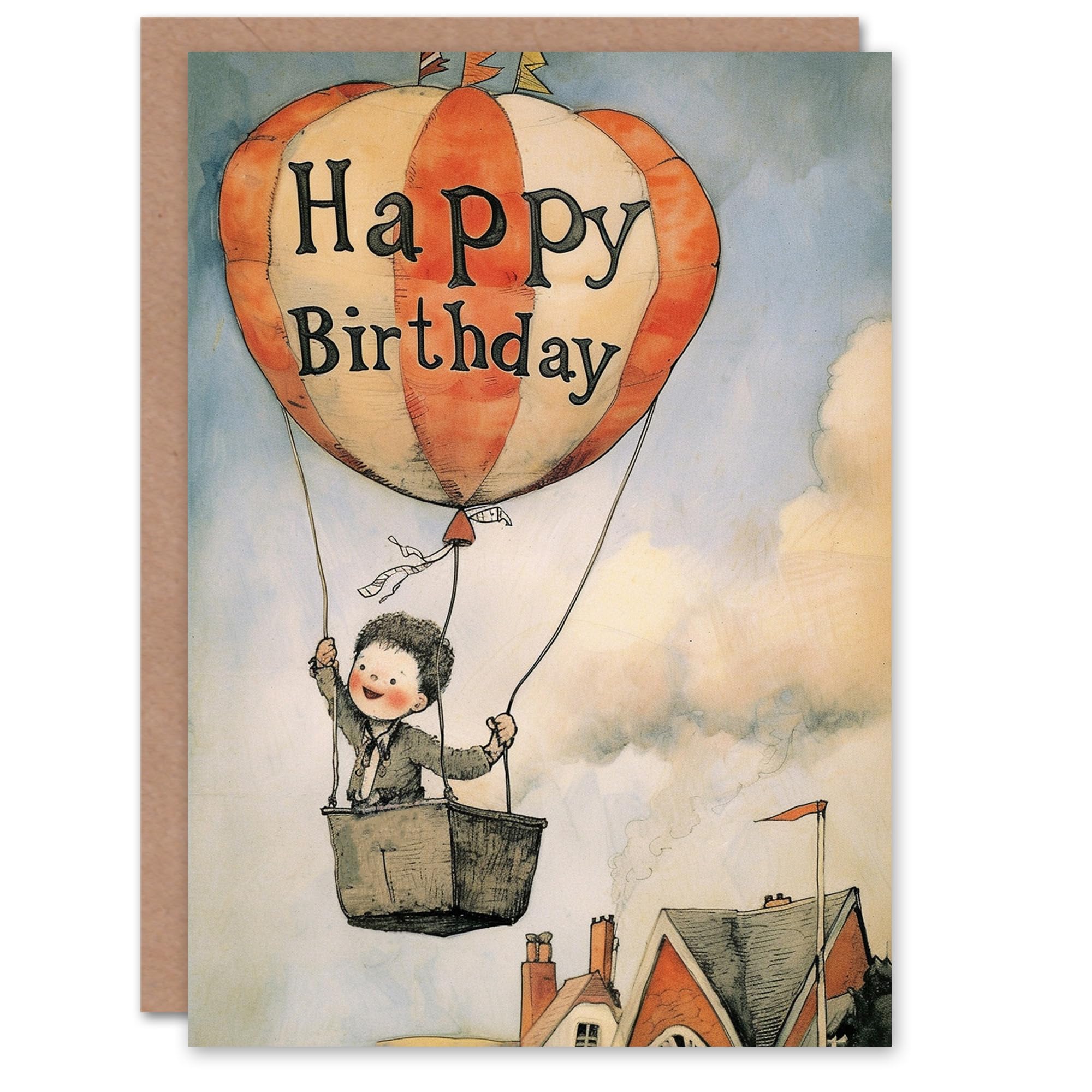 Artery8 Birthday Card Hot Air Balloon Adventure Drawing Cute For Child Kids Son Daughter Greeting Card