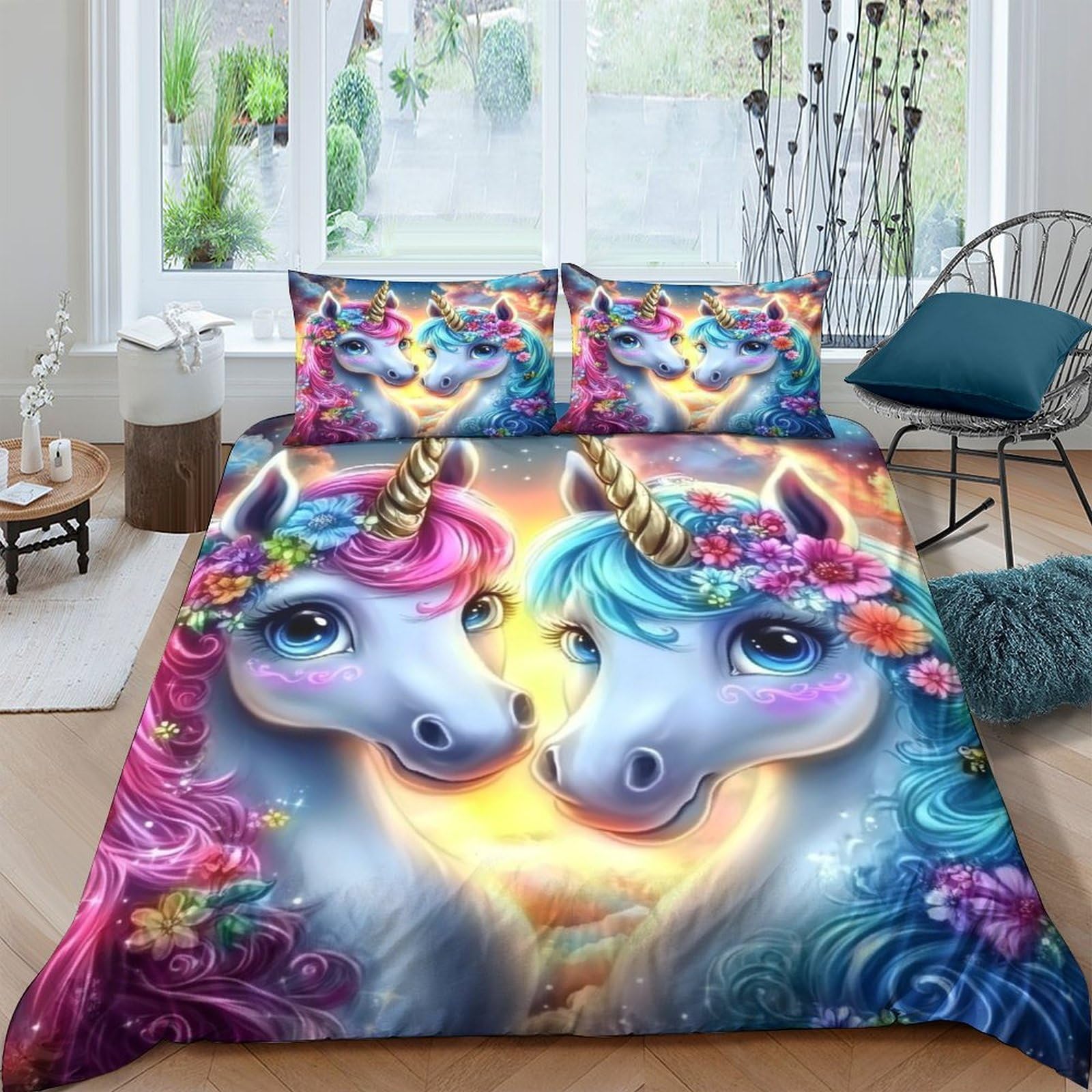 Ctjqhvkz Style-8 3D Printed Rainbow Unicorn Fitted Sheet Microfiber Soft Pink Blue Fantasy Bed Cover For Bedroom Dorm Decor Single（135X200cm）