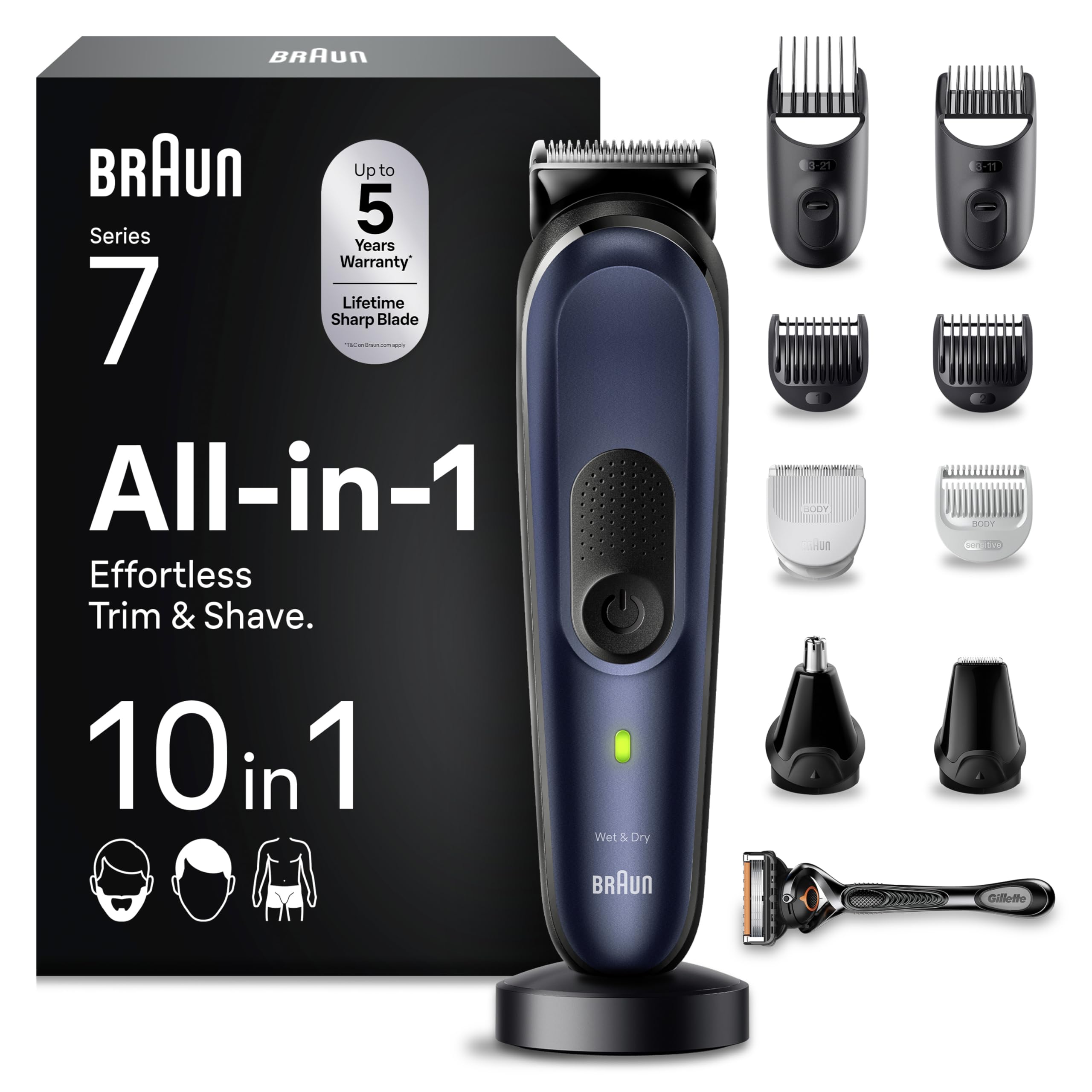 Braun Tondeuse Homme, Tout-en-Un Series 7 MGK7410 10-en-1, Noir et Bleu | Etanche, Batterie Rechargeable, Lame Ultra Affutée, Coffret avec des Sabots Dédiés, Rasoir Gillette