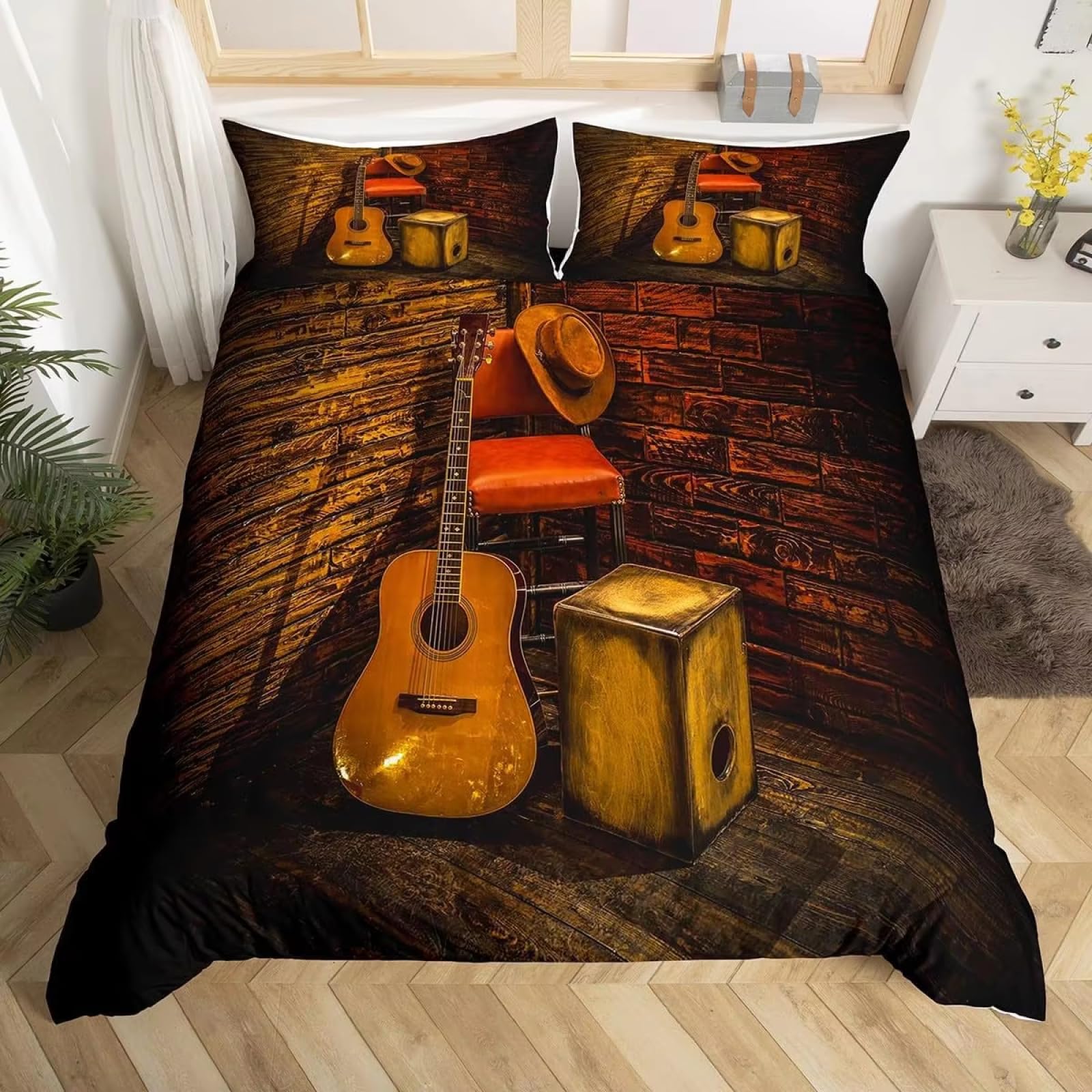 Zestaw pościeli w rozmiarze Super King Size brązowa pościel gitarowa dla dzieci – poszewka na kołdrę z zapięciem na zamek błyskawiczny i 2 poszewki na poduszki 50 x 75 cm – hipoalergiczna